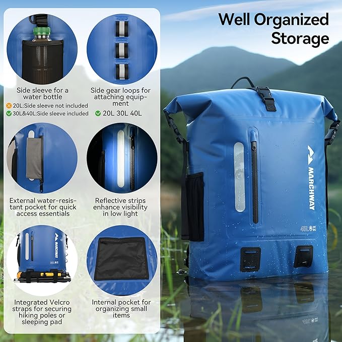 MARCHWAY Roll Top Waterproof Backpack, Floating Dry Bag 20L/30L/45L with Ergonomic Rectangular Base, Cushioned Back, Hip Strap for Hiking Camping Kayaking Travel (Blue, 20L)