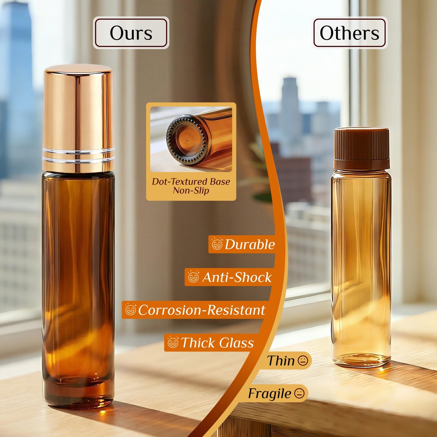 PrettyCare 24 Pack, 10 ml Essential Oil Roller Bottles with Stainless Steel Roller Ball - Refillable Leak-proof Empty Thick Amber Glass Roll on Bottles with Metal Caps for Travel, Perfume