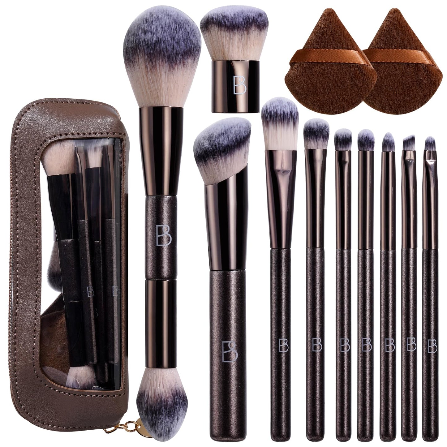 Travel Makeup Brush Set BS-MALL Ultra-Soft Synthetic Bristles Eyeshadow Brush, Foundation Brush for Liquid Makeup, Double-ended Travel Bag & Triangle Puff - Travel-friendly Multi-purpose Kit 10 Pcs