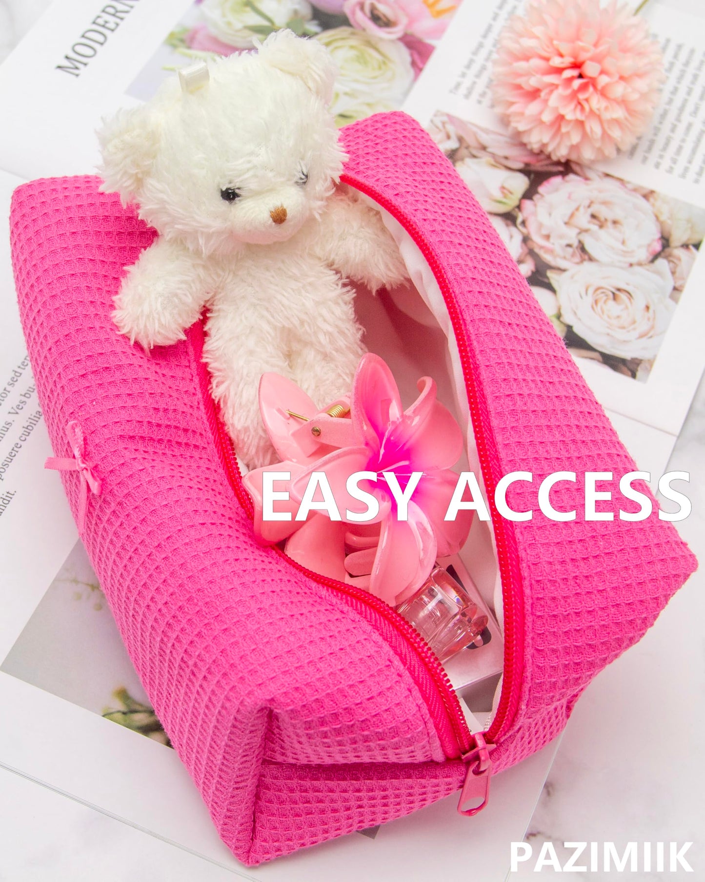 PAZIMIIK 6PCS Cozy Makeup Bag Travel Cosmetic Bag for Women Soft Toiletry Bag Aesthetic Makeup Organizer Portable Large Zipper Pouch for Skincare Beauty Accessories Brushes Waffle Hotpink