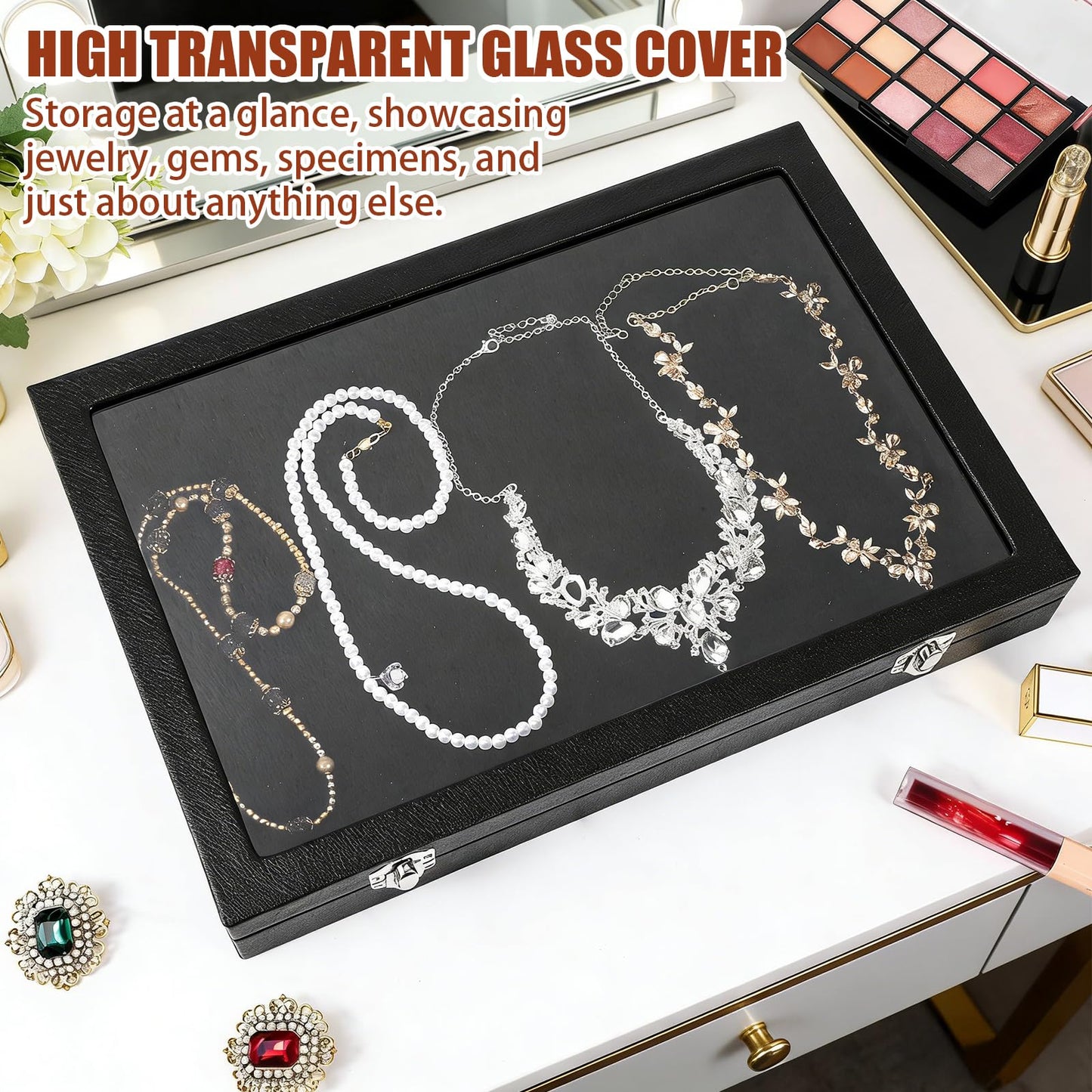 Leooomap 3 Pieces Jewelry Organizer Box, Black Velvet Blank Display Tray Case with Lid, 13.8 x 9.5 x 2 Inch Wooden Jewelry Display Case for Necklaces, Rings & Collectibles