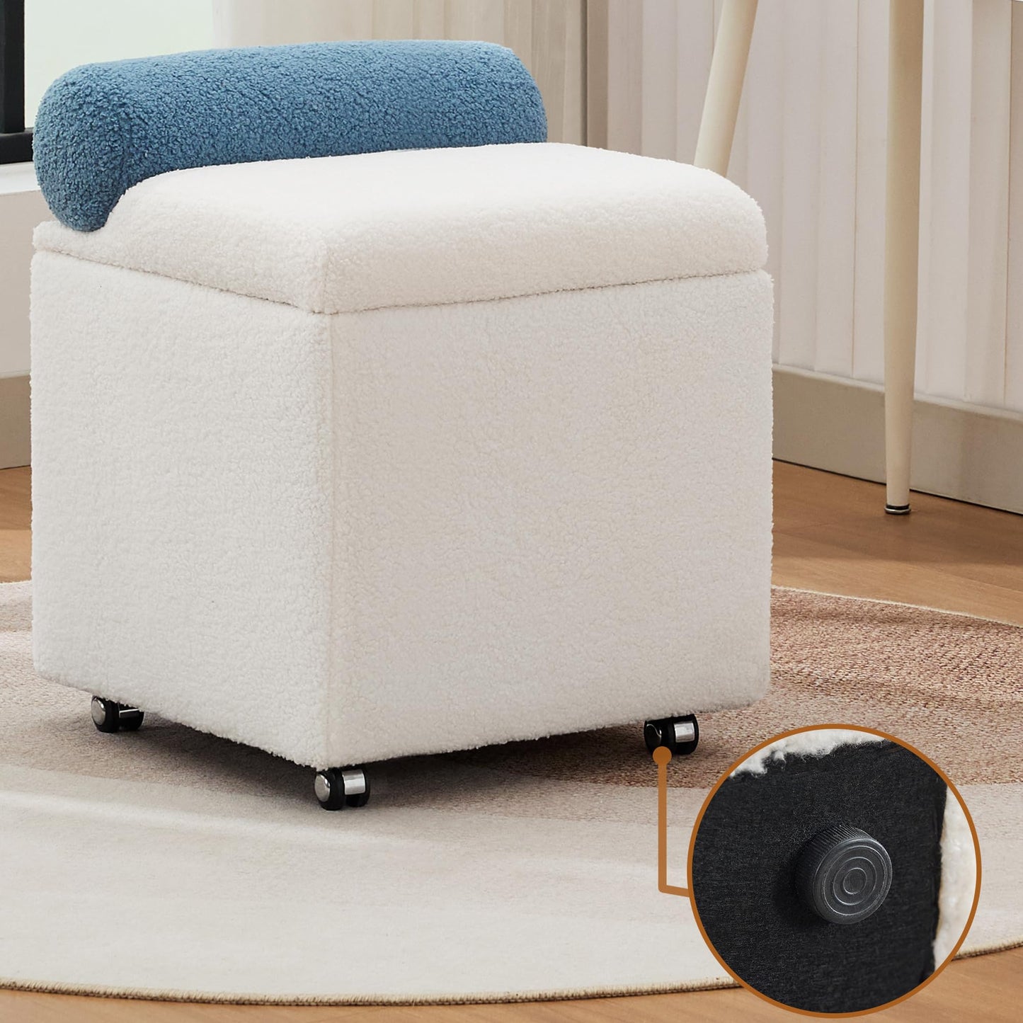 UMBFUN Boucle Vanity Chair with Storage, Swivel Makeup Vanity Chair with Wheels & Safety Hinge, Upholstered Vanity Stool Ottoman for Bedroom, Dressing Room, White