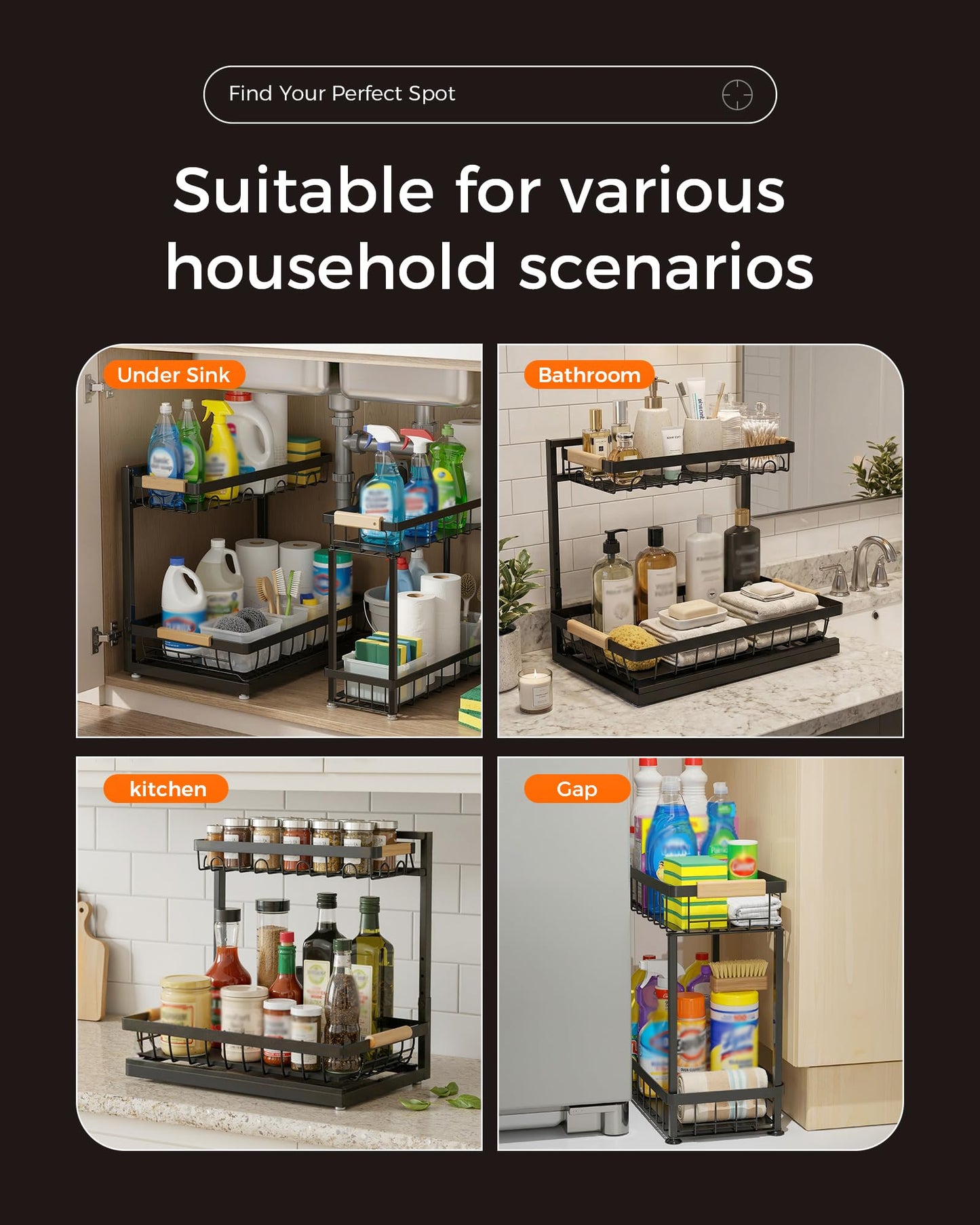 Sevenblue 3 Pack Under Sink Organizer, Height Adjustable 2 Tier Pull-Out Metal Under Kitchen Sink Organizer, Multi-Purpose Storage Shelves for Kitchen Bathroom Cabinet, Black