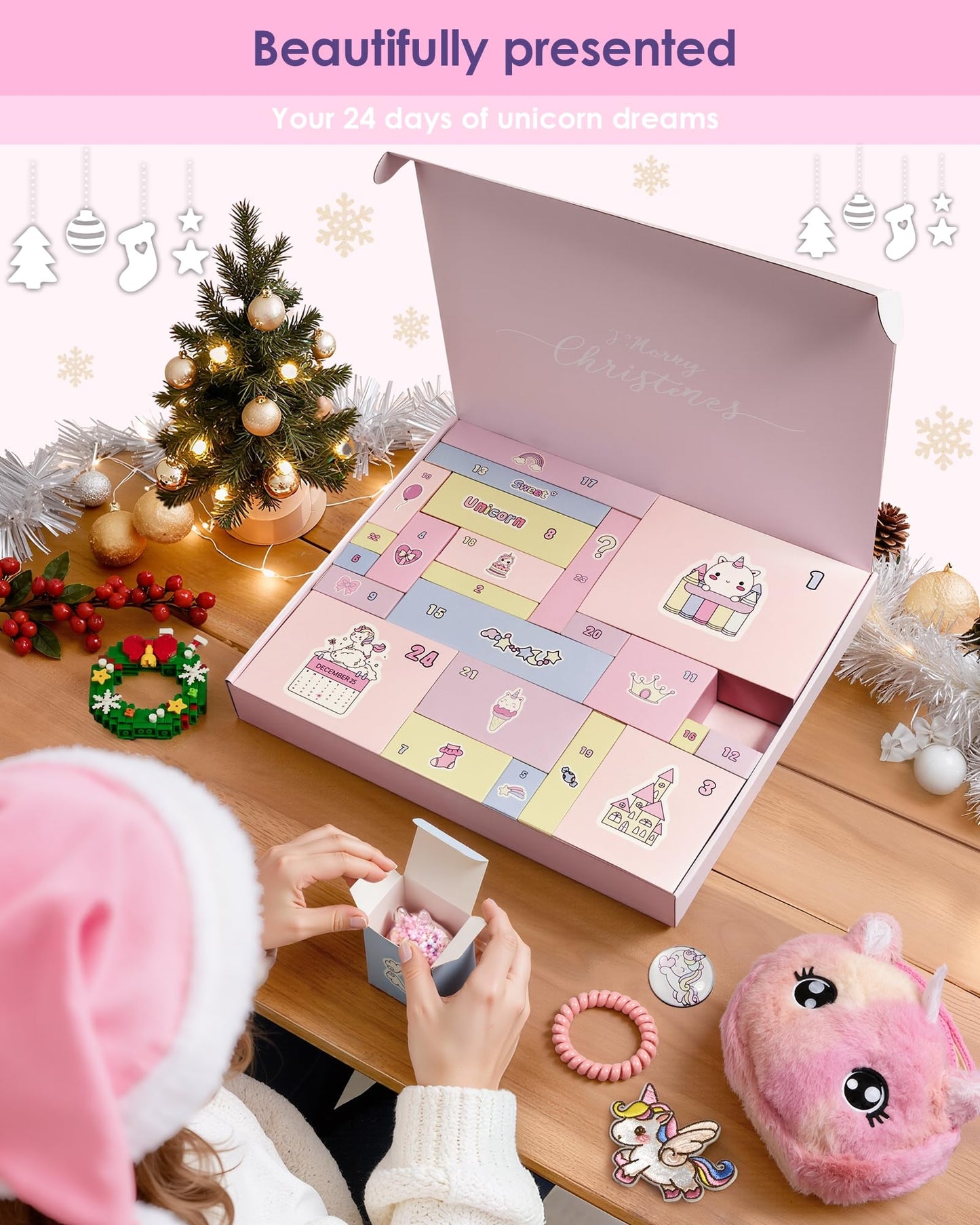 Advent Calendar 2025 for Girls, 24-Day Fantasy Unicorn Christmas Countdown Calendar, Perfect Holiday Gift Suitable for Girls Aged 3-9, Includes Accessories, Stationery