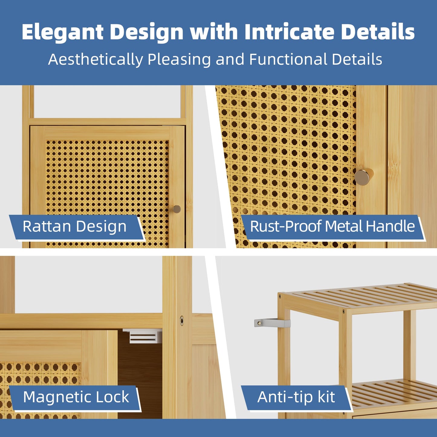 HITNET Bathroom Storage Cabinet Rattan, Small Bamboo Floor Cabinet with Single Door and Open Shelf, Freestanding Narrow Cupboard for Living Room, Kitchen, Entryway, Natural