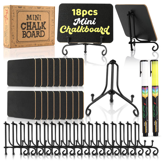 Mini Chalkboard Signs for Food Labels for Party Buffet, Small Place Cards or Name Tags with Iron Stand for Chafing Dish, Mimosa Bar Supplies, Wedding Chalk Board Sign with 2 Pens, 18 Pack Black