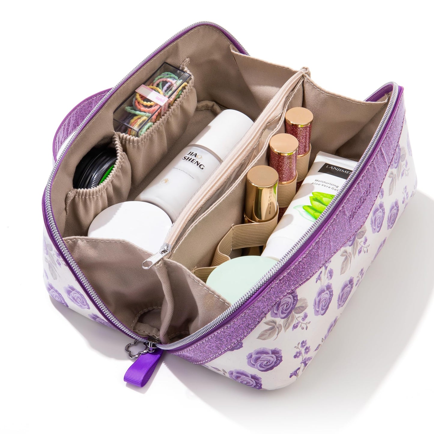 Mrsdry Travel Makeup Bag，Large-capacity waterproof cosmetic bag，Travel bags and toiletries bags for women，PU leather material，Multi-zone and large opening design (Purple flower)