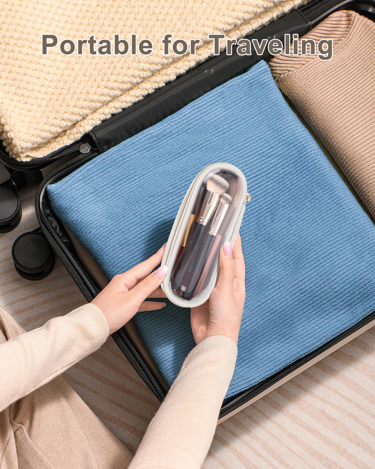 Soimeat Clear Travel Makeup Brush Holder, Leather Makeup Brush Toiletry Bag, Portable Cosmetic Brush Case, Transparent Waterproof Makeup Brush Storage Bag, White, Large