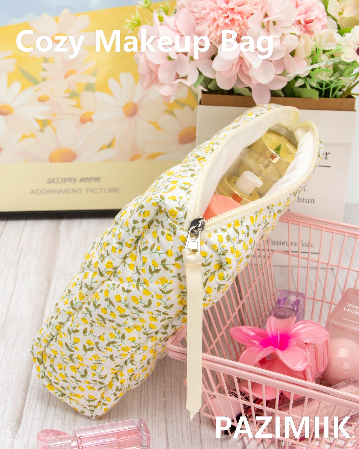 PAZIMIIK 3PCS Makeup Bag SET Large Travel Quilted Zipper Soft Cosmetic Case Pouch for Women Girls Make Up,Floral Yellow