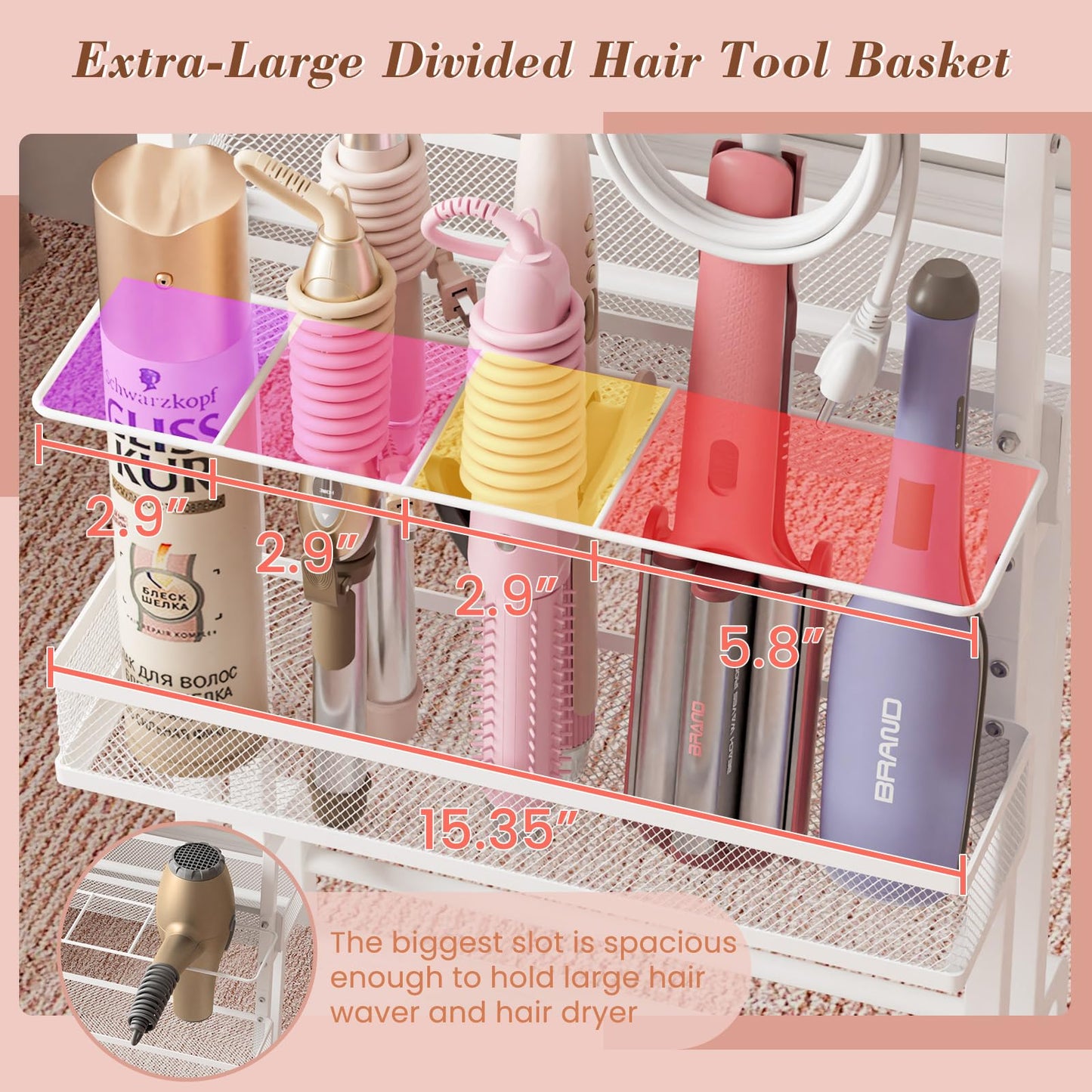 Hair Tool Organizer Cart with Hair Dryer Holder, Narrow Bathroom Storage Cart for Curling Flat Iron & Hot Tools, Slim Hair Appliance Organizer for Vanity Styling Tools, Salon Cart with Tray on Wheels
