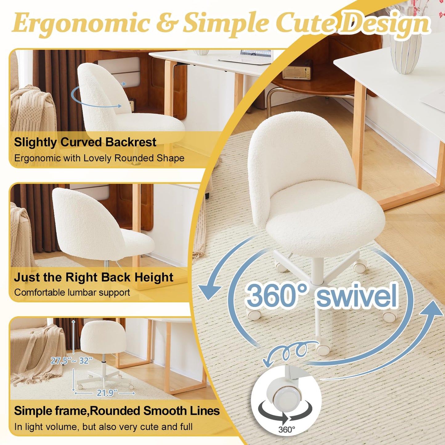 VINGLI Modern Vanity Chair with Back, Velvet Desk Chair for Girls, Small Office Chair with Silent Wheels， Stylish and Comfortable, White