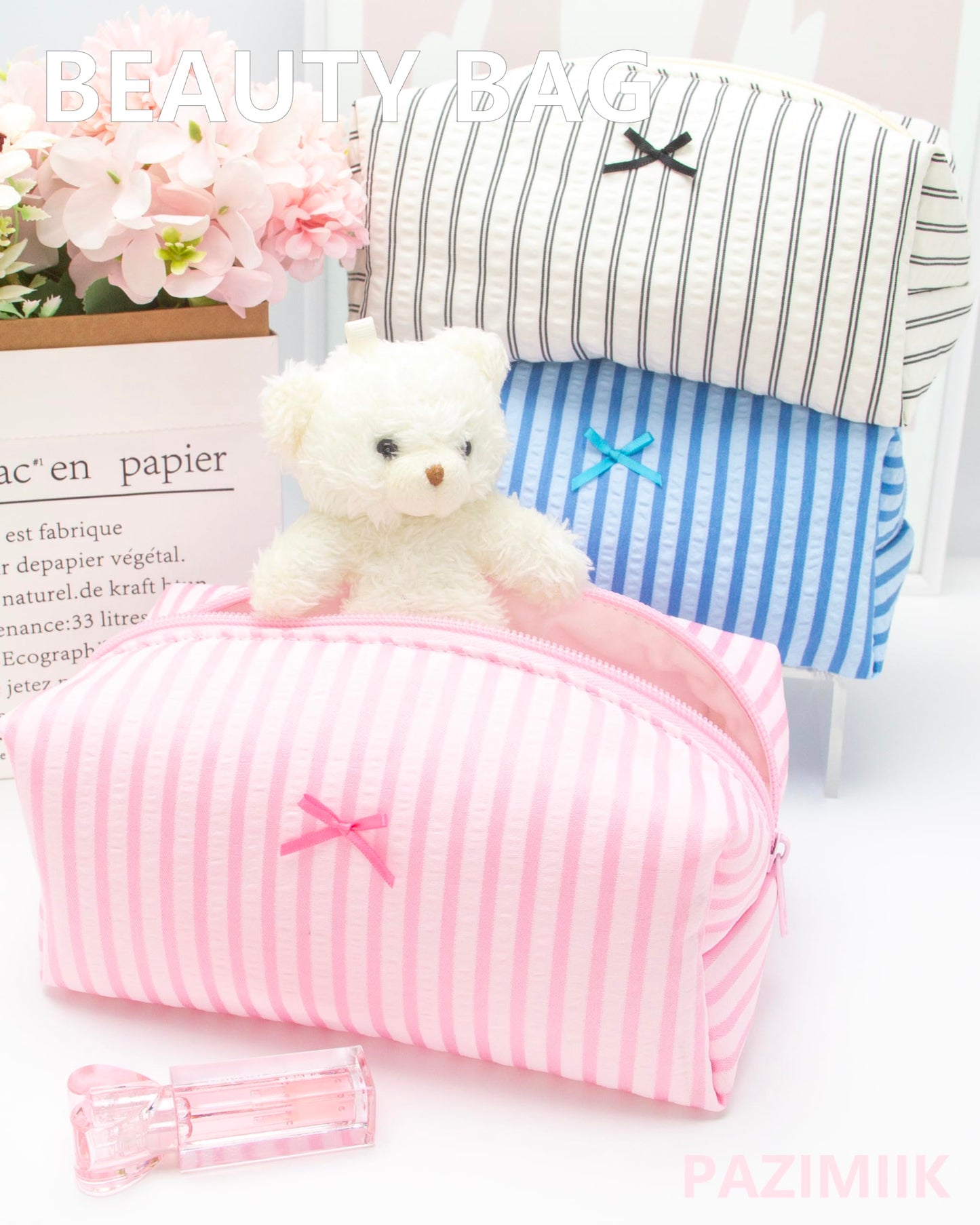 PAZIMIIK 6PCS Cozy Makeup Bag Small Aesthetic Travel Zipper Cosmetic Pouch for Women Make Up Beauty Accessories Brushes, Stripe Cute Pink
