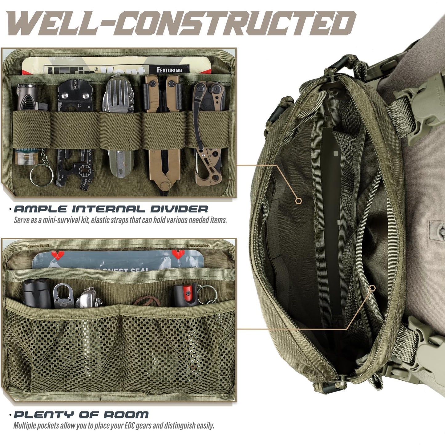 WYNEX Tactical Rig Pack for Men, Running Bag with Front Loop Airsoft Recon Chest Rig for Hunting Outdoor EDC, Large Admin Pouch of Double Layer Design, MOLLE EDC EMT Pouch