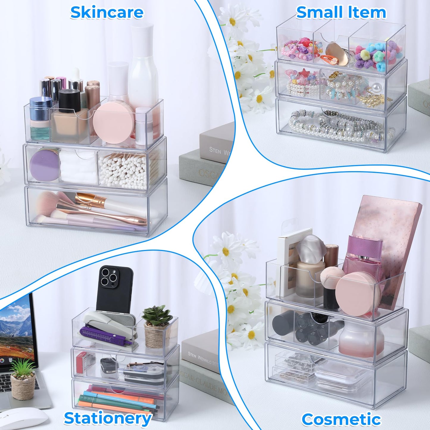 Josojoou 3-Tier Clear Stackable Makeup Organizer with Removable Dividers,Acrylic Medicine Cabinet Organizer and Storage for Bathroom Mirror Cabinets, Vanity, Closet, Countertop with Drawer