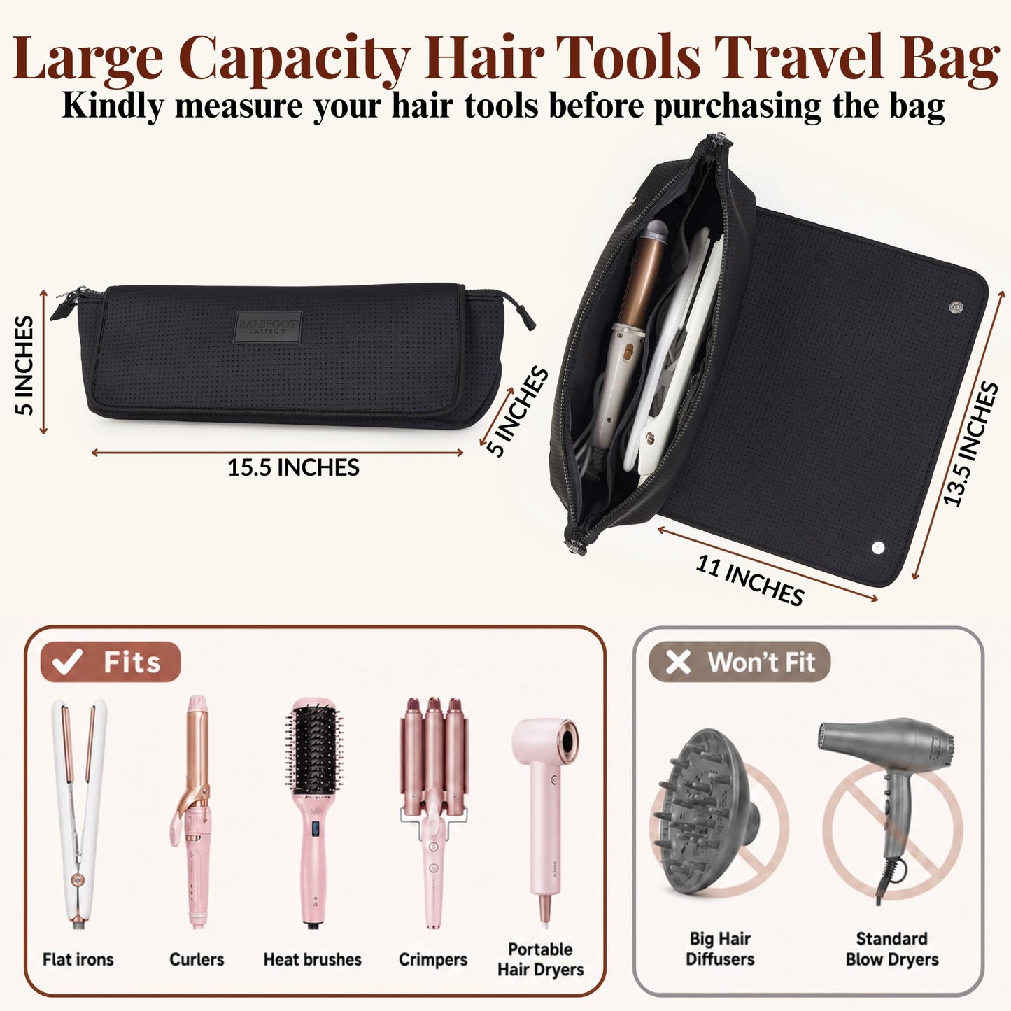 BAREFOOT CARIBOU Hair Tools Travel Bag and Heat Resistant Mat (15.5") for Flat Irons, Straighteners, Curling Iron, and Haircare Accessories, 2-in-1 design, Interior Pockets, Organizer (Mesh Black)