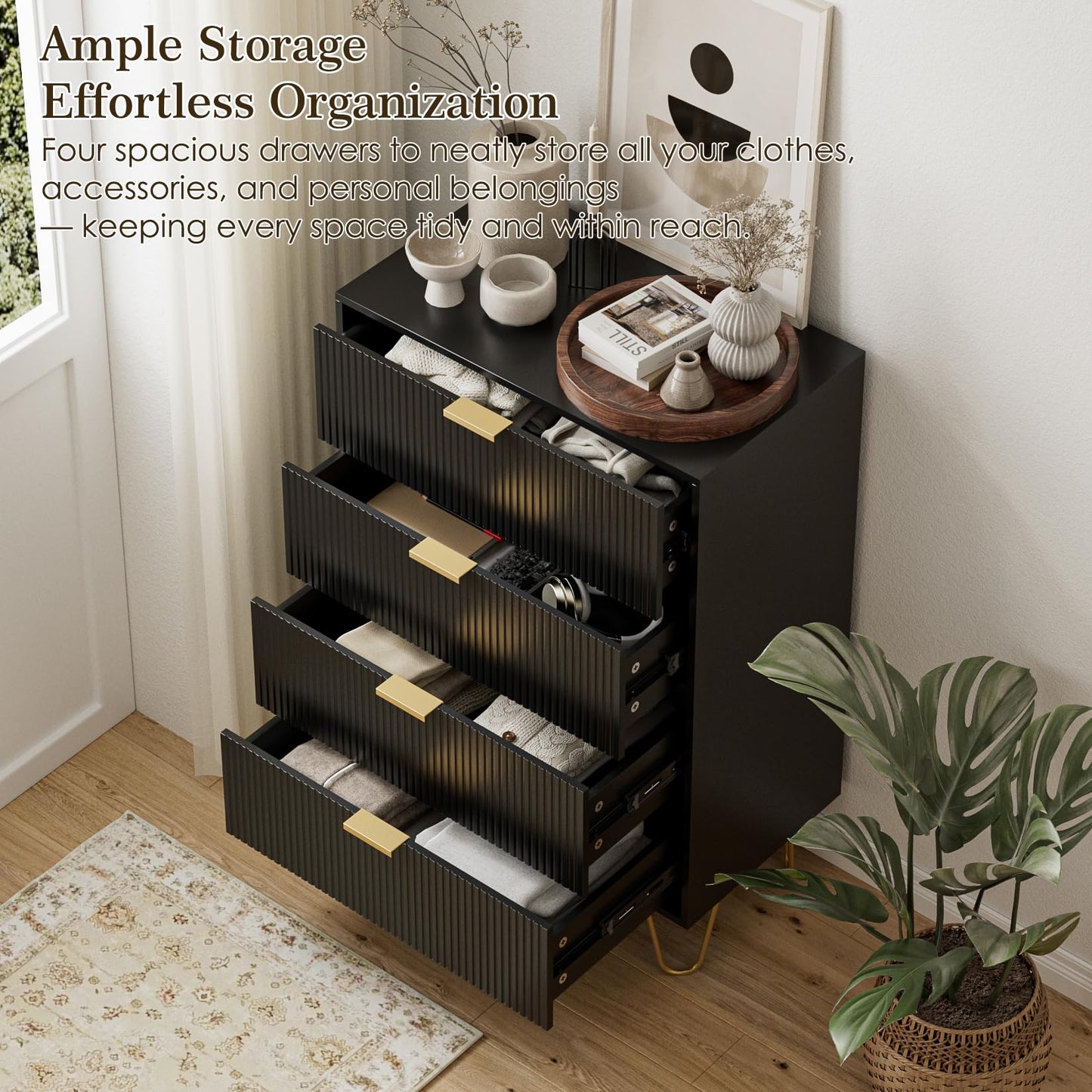Masupu 4 Drawer Dresser, Drawer Chest, Tall Storage Chest Cabinet Organizer Unit with Metal Legs, Small Dresser for Bedroom, Living Room, Closet, Hallway Black Stripe