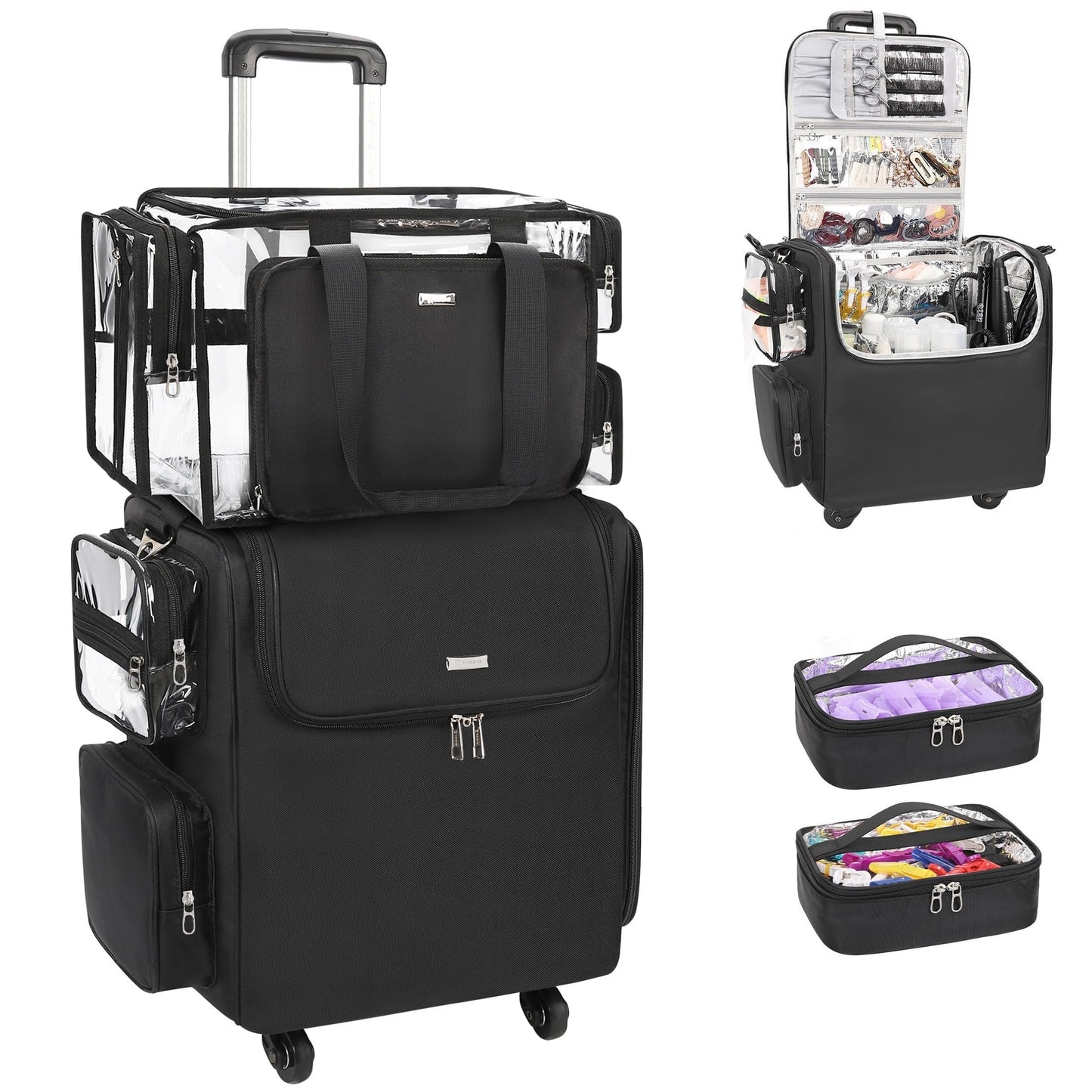 Relavel Rolling Makeup Train Case with Large Clear Makeup Bag, Hairstylist Traveling Bag with 4 Wheels, Cosmetic Storage Organizer Hair Stylist Travelling Bag with Adjustable Dividers & Shoulder Strap