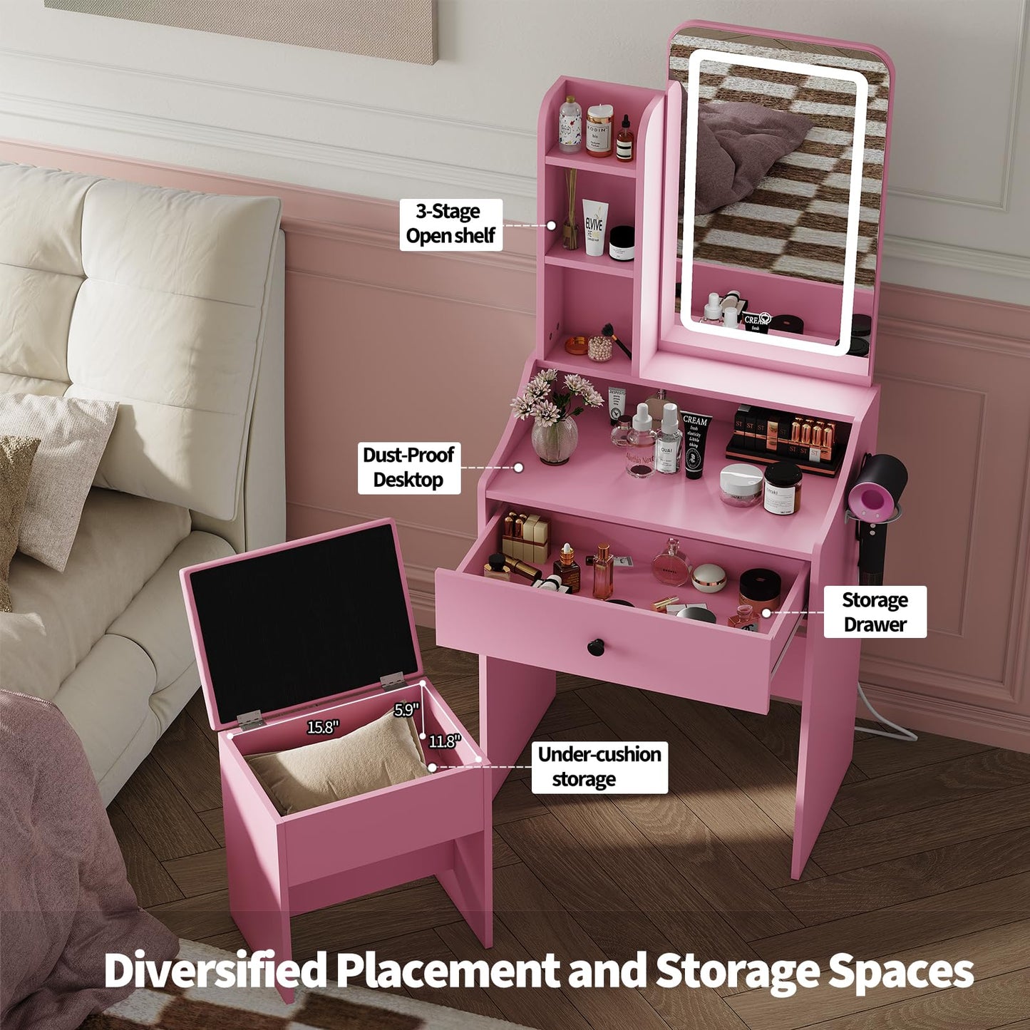 DUMOS Small Makeup Vanity Desk with LED Mirror and Storage Bench, Pink