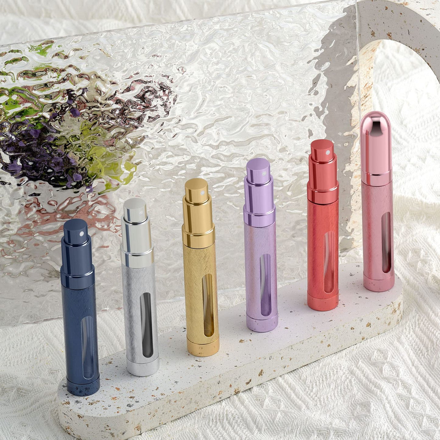 Lil Ray 12ml Portable Mini Perfume Atomizer(6 PCS)，Refilable Small Spray Bottle for Travel, Empty Pocket Cologne Sprayer, Glass inner and Aluminum Housing（0.4Oz,Pack of 6 with different colors）