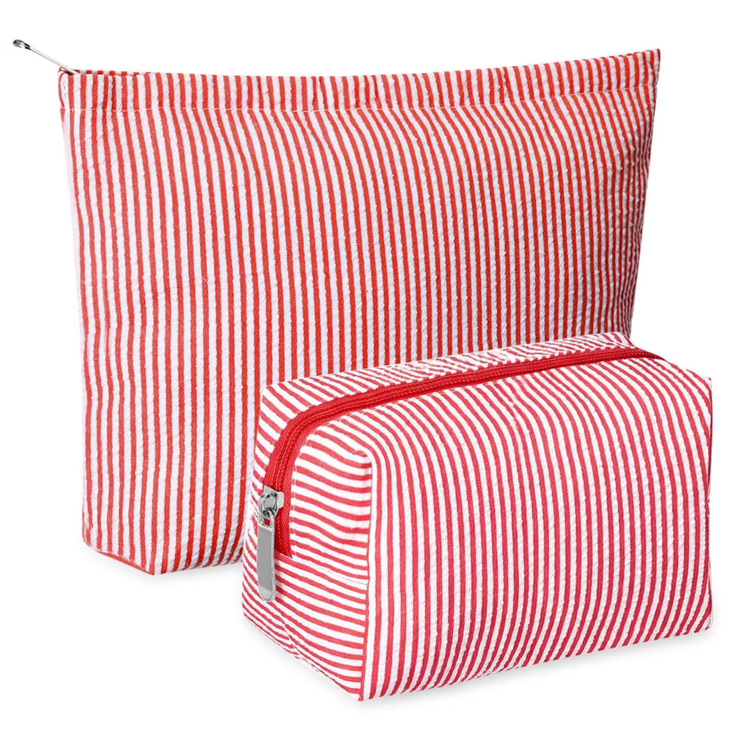 Huhumy 2 Pcs Makeup Bag Set Cute Cosmetic Pouch for Women Seersucker Travel Toiletry Bag Preppy Small Makeup Purse Pouch Aesthetic Skincare Brushes Storage Organizer for Valentine Women(Red)