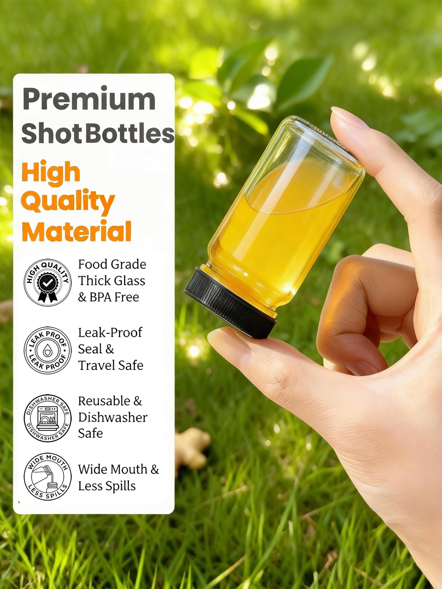 15 Pcs 2 Oz Glass Juice Shot Bottles With Black Caps & 15 Labels, Reusable Small Wellness Ginger Shot Glass Bottles Jar With Lids For Juicing & Ginger Shots, BPA-Free & Leak-Proof & Dishwasher Safe