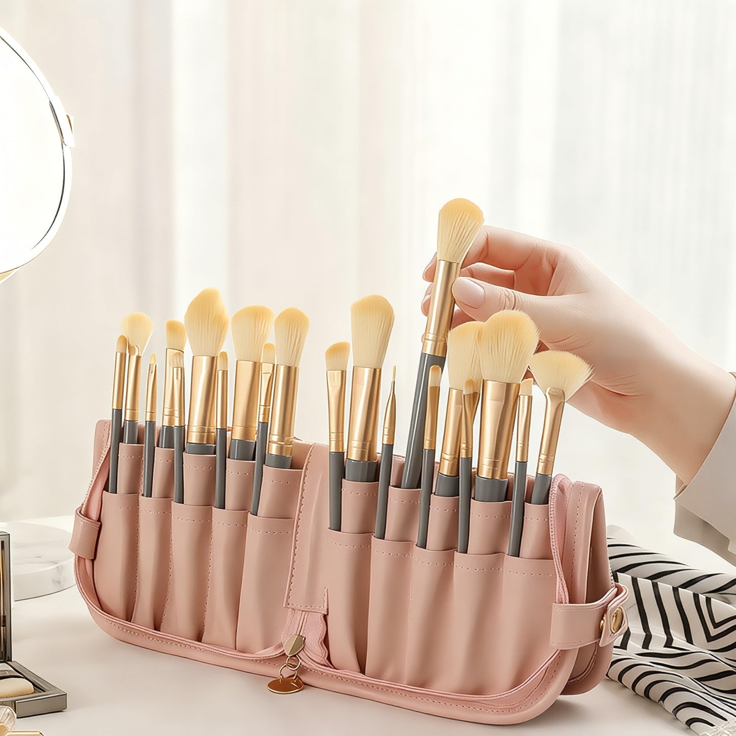 YLYZ Makeup Brush Bag, Waterproof Stand-Up Makeup Brush Holder Organizer, Travel Make up Brush Pouch Cosmetic Bags, Pink