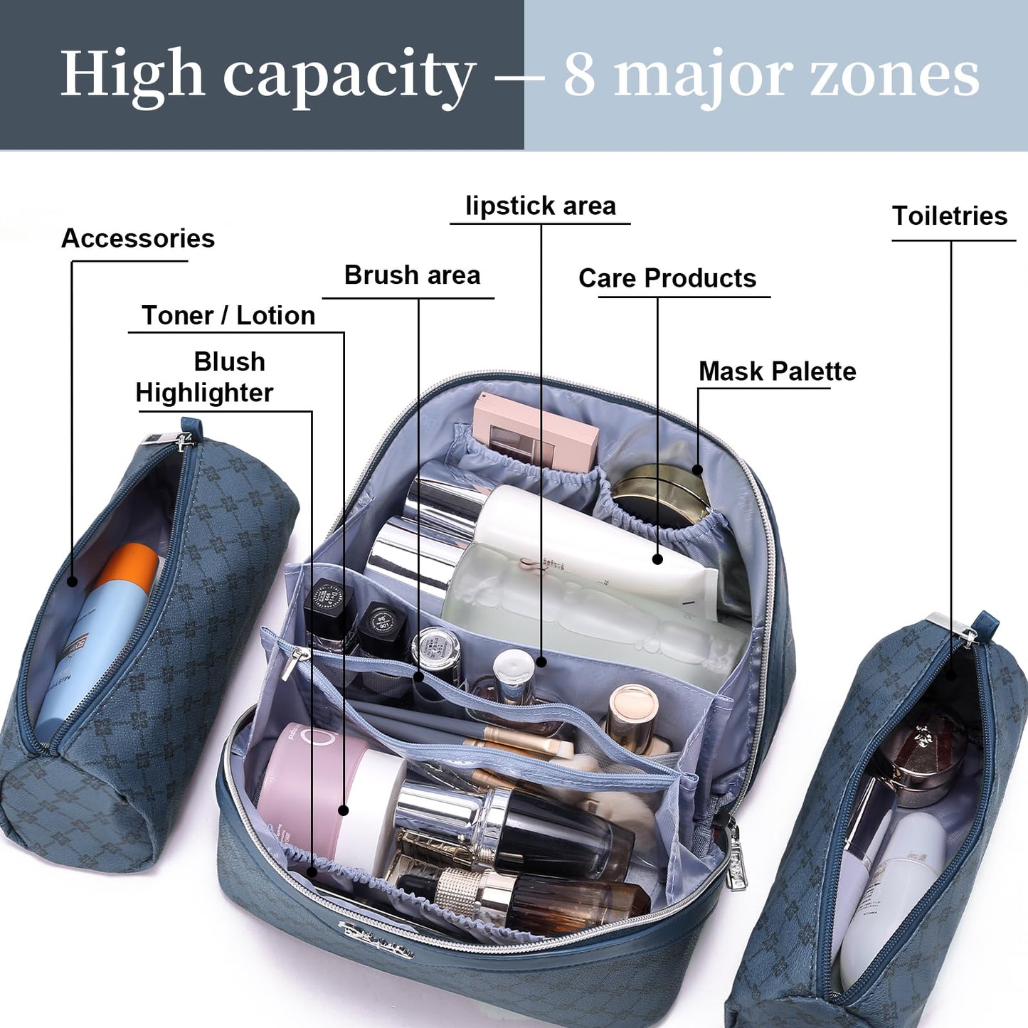 BOYATU Travel Makeup Bag Cosmetic Bags for Women: 3 Pcs Set Large Capacity Make up Bag with Handle - Vegan Leather Toiletry Bags with Compartments - Makeup Organizer for Travel Essentials(A-4-Blue)