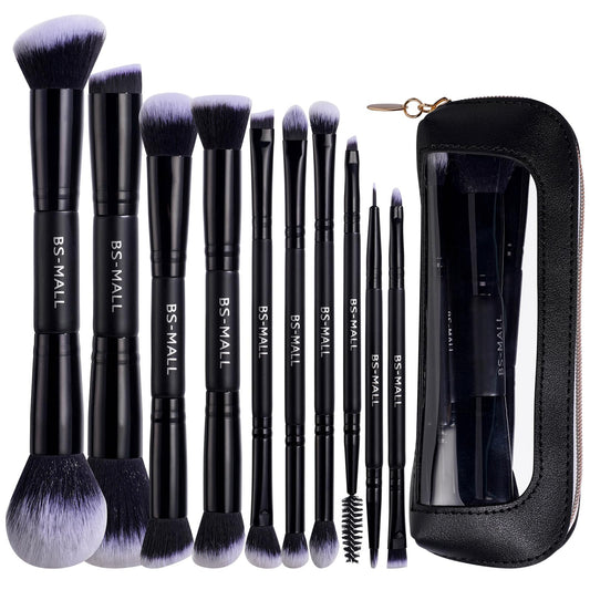 BS-MALL Double-ended Makeup Brush Set With Concealer Brush & Foundation Brush, Eyeshadow Brush- Travel-friendly Multi-purpose Brushes In Makeup Bag For Daily Use (10 PCS Black)