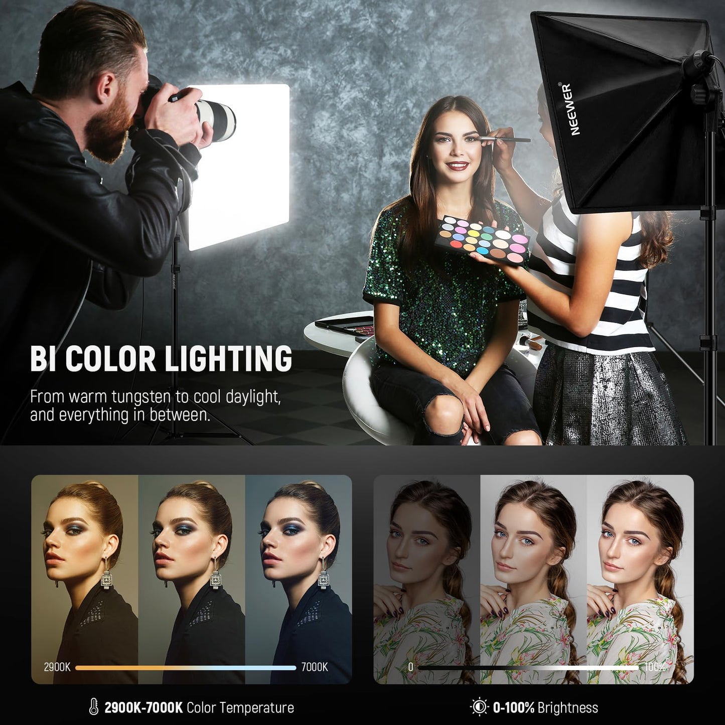 NEEWER 2Pcs 24"x24" 900W Equivalent Softbox Lighting Kit with Tripod Stands, 45W Bi Color 2.4G LED Bulbs, Remote, 10 Channels 2900K-7000K 1400lx/m CRI95, Photography Continuous Lighting Kit, NK103