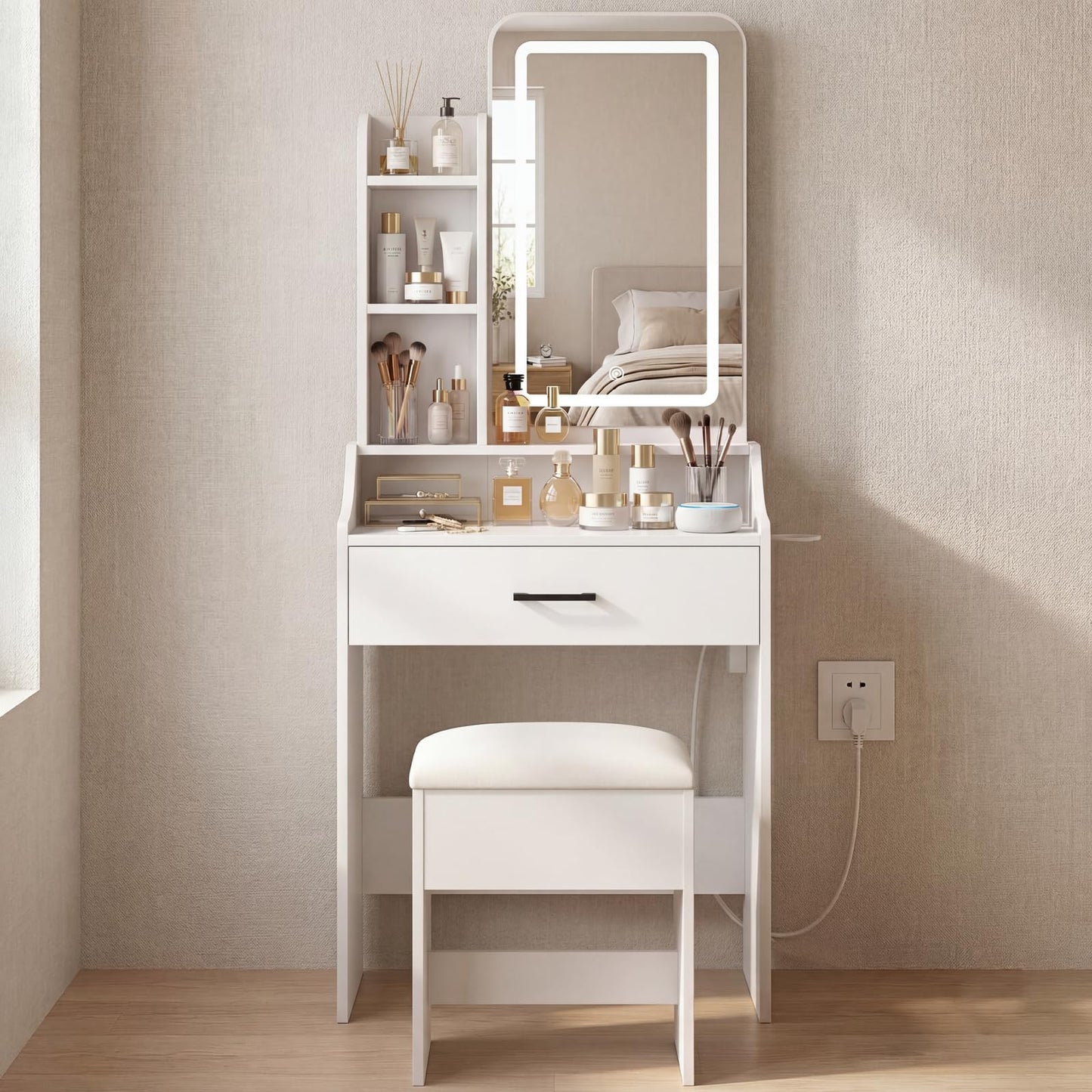 DUMOS Makeup Vanity Desk with Mirror and Lights, Small Vanity with Storage Bench, Charging Station and Hair Dryer Holder, Dressing Table with Drawer and Three Shelves, White