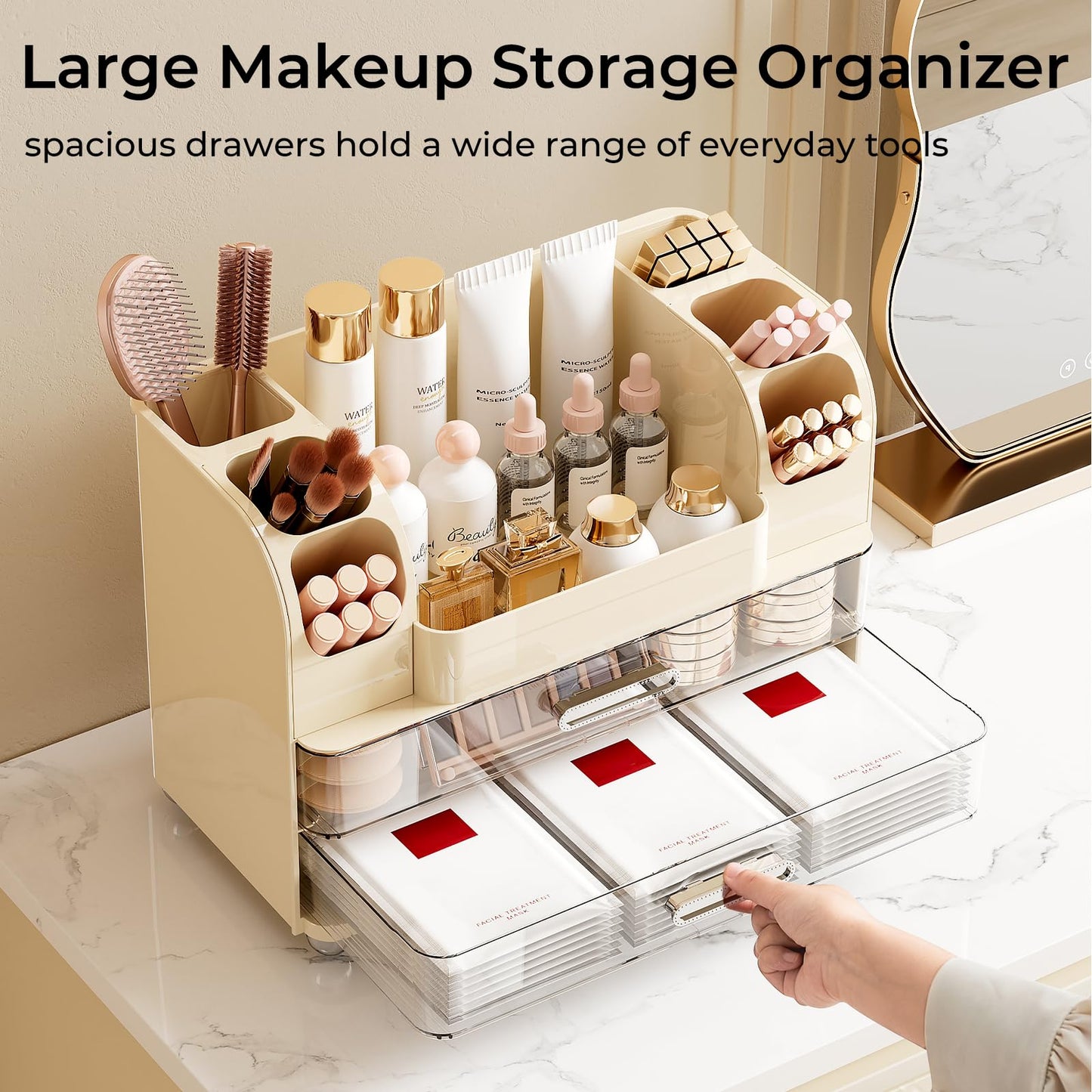 UFORU Makeup Organizer for Vanity with 2 Large Drawers, Cosmetic Display Case with Brush Holders, Easy to Storage for Bathroom Countertop Skincare, Perfume, Cream White