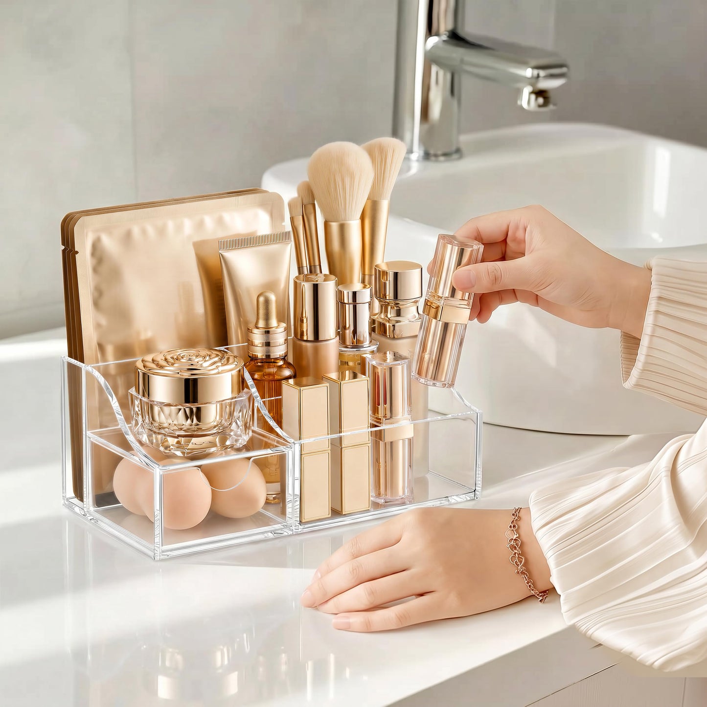 HBlife Makeup Organizer with Drawer – Cosmetic Storage for Vanity, Bathroom Countertop & Dresser, Skincare Organizer with Brush Holder, Beauty Display Case, Clear