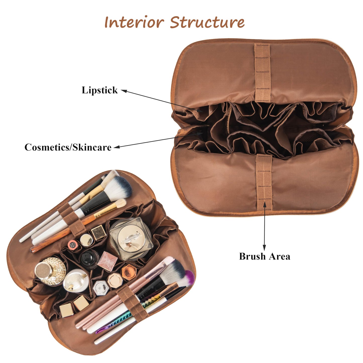 Tense Edano Travel Makeup Bag for Women, Waterproof Stand Up Cosmetic Bag with Brush Holders, Organizer Bag with Compartments, Fold-Down Design for Skincare, Toiletries & Essentials (Brown, Medium)