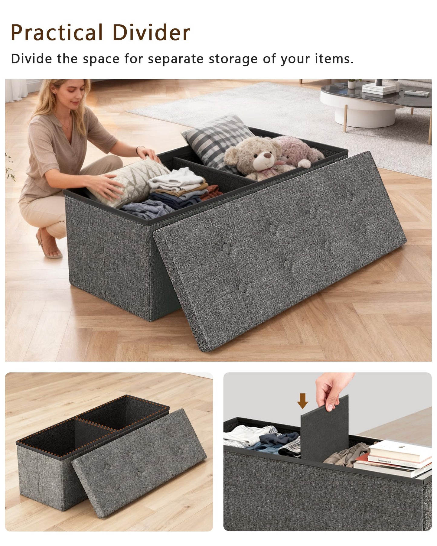 GLAXYFUR 43.3 inches Folding Storage Ottoman Bench Storage Chest Footrest for Bedroom, Entryway and Living Room, Holds up to 660 lb Dark Grey