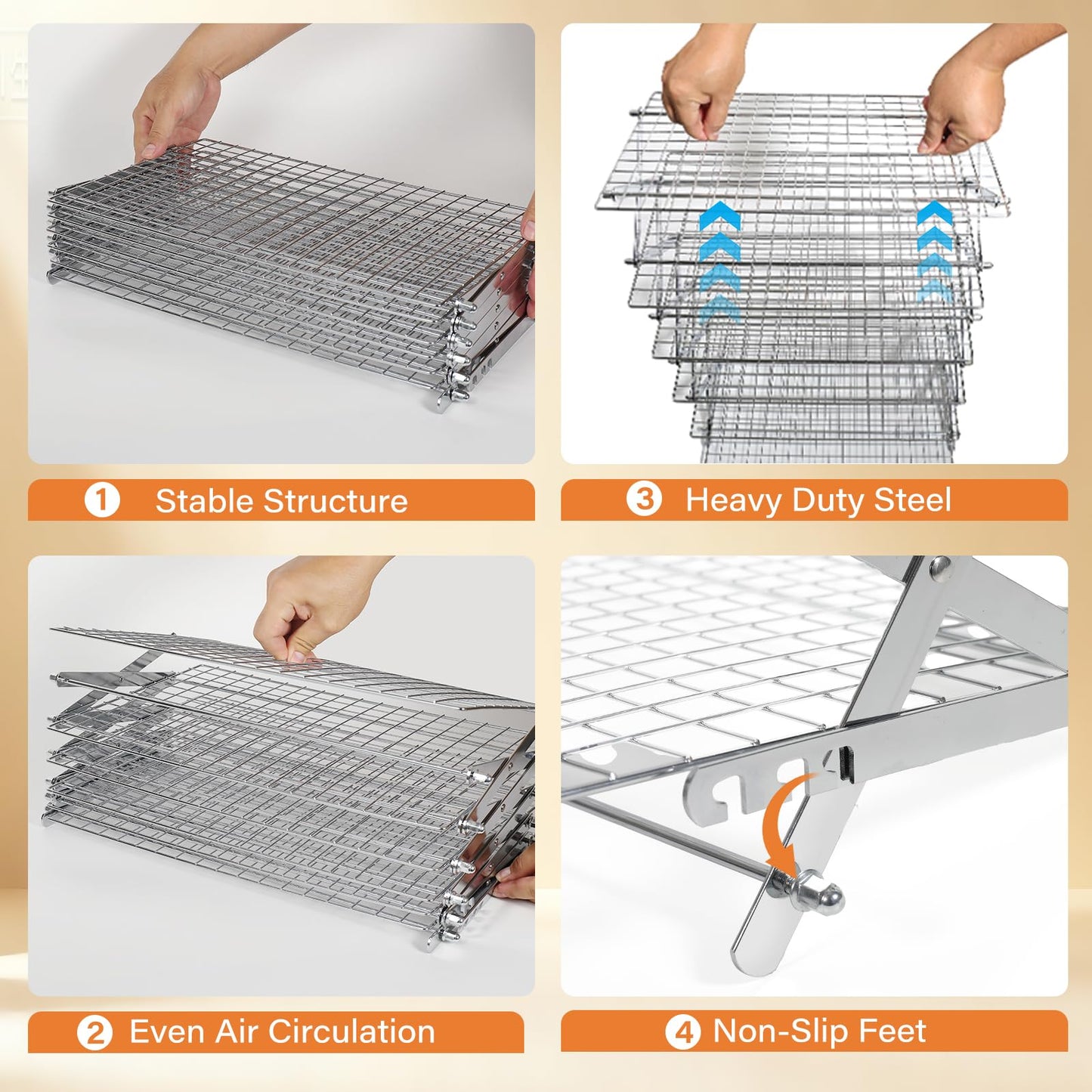 6 Tier Upgraded Collapsible Cooling Rack with Adjustable 3 Setting Design, Stackable Baking Rack with Clean Brush, Roasting Cooking Drying Wire Cooling Rack for Cookies Baking Roasting ＆ Grilling