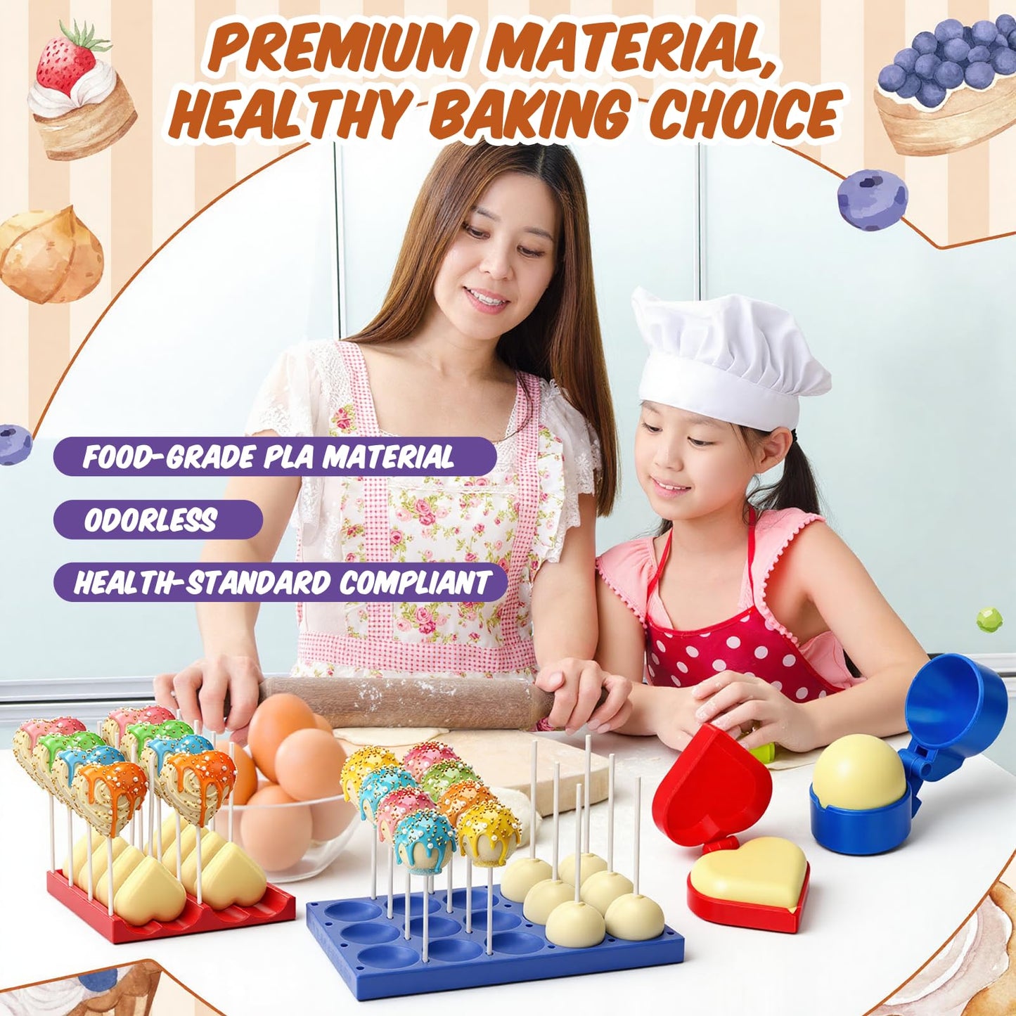 Yiyiring 2 Pack Round and Heart Cake Pop Mold Press Set with Display Stand-capable Tray, Circle Cake Pop Cutter and Pusher, Baking Tools Accessories for Home Baking, Parties, Wedding Desserts