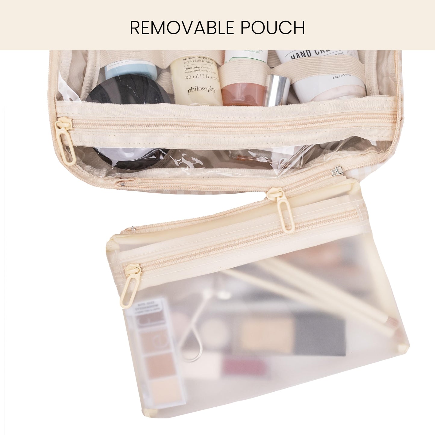 Jadyn Hanging Toiletry Bag, Expandable Toiletry Organizer for Women, Water Resistant Large Travel Cosmetic Bag for Full Size Makeup, Toiletries, Lotion, Shampoo, Accessories (Beige Gingham)
