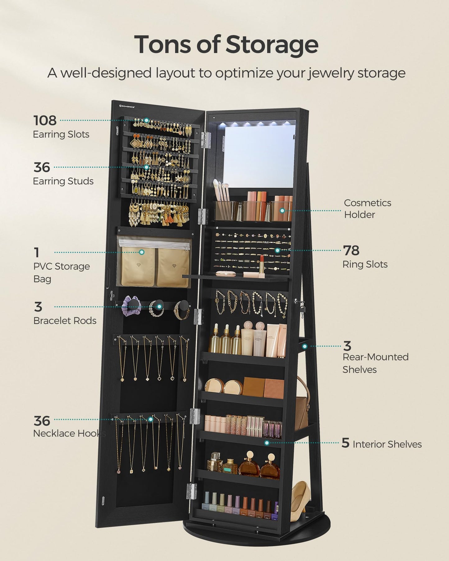 SONGMICS LED Jewelry Cabinet Standing, Lockable Armoire With Full-Length Mirror and Adjustable Lights, Space-Saving Organizer, Gift Idea, Ink Black UJJC008B01