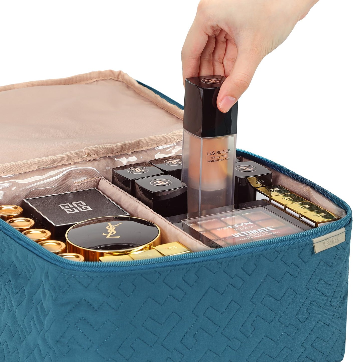 NISHEL Large Double Layer Travel Makeup Bag Women, Cosmetic Case, Organizer for Travel-Size Accessories Bottles, Brushes, Conditioner, and Skin Care Products, Lake Blue