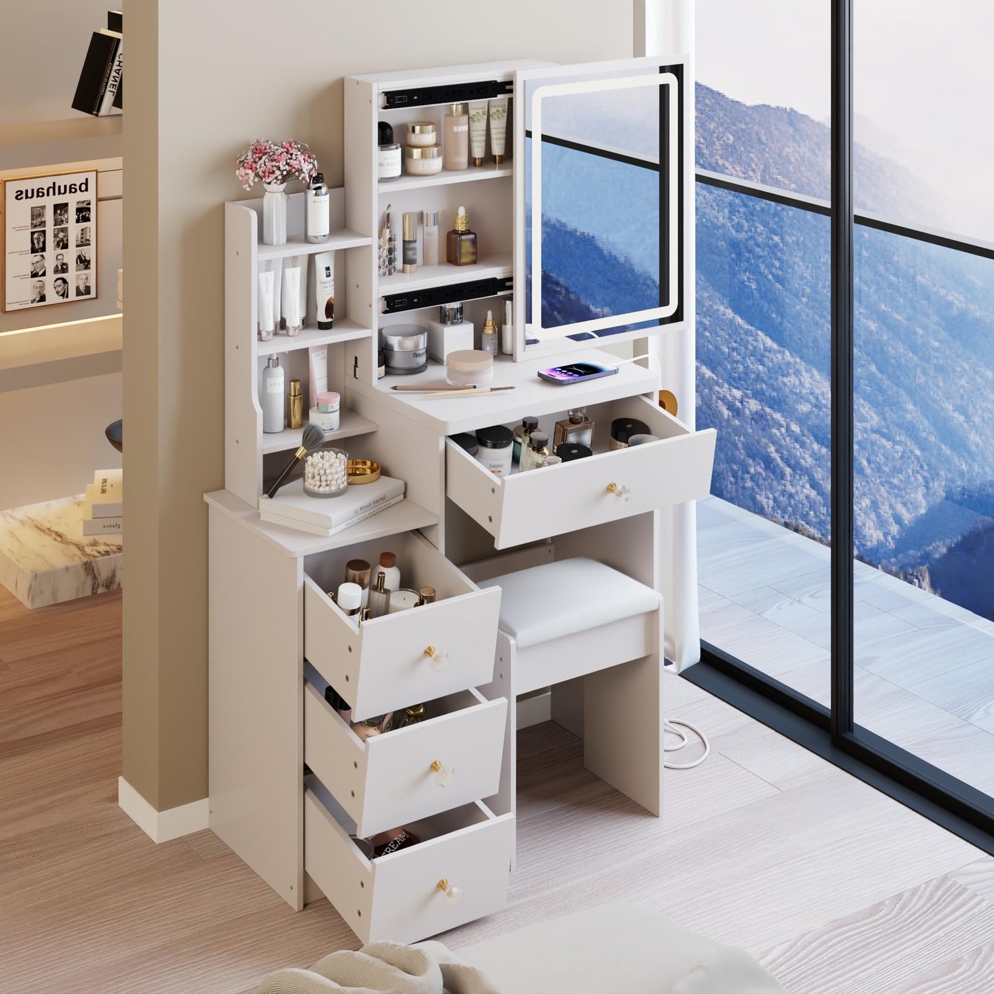 Ball & Cast 29.2" Small Size Vanity Mirror Desk with Lights and Cushioned Stool,Vanity Desk w/ 2 AC+2 USB Power Station,Hair Dryer Bracket,Large Touch Control Sliding LED Mirror,for Bedrooms,White
