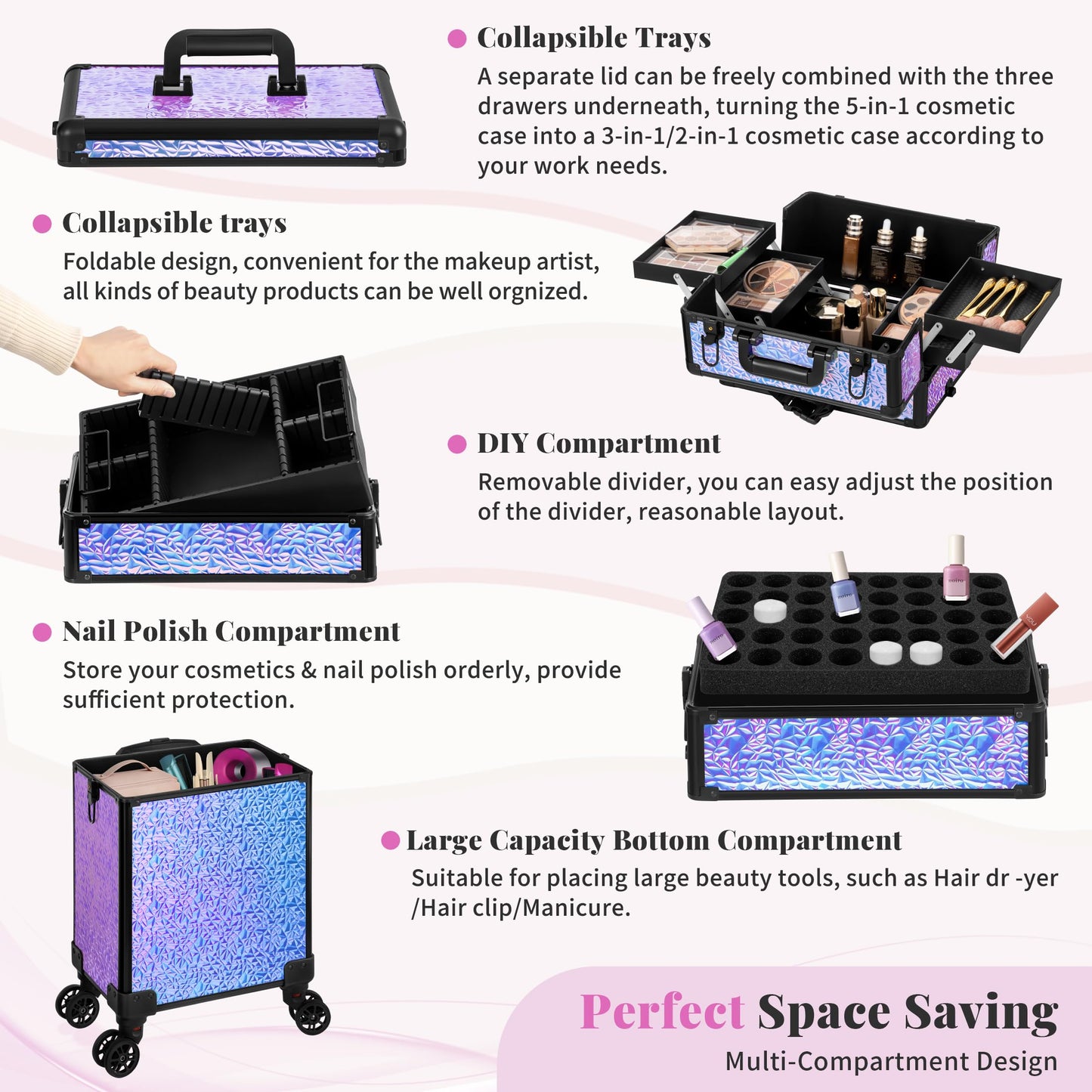 JINGUAN Profesional Rolling Makeup Train Case with Lid, 5 in 1 Cosmetology Case on Wheels, Large Cosmetic Trolley Organizer Travel for Hairstylist Artist Nail Beauty Salon Barber, Gravel Purple