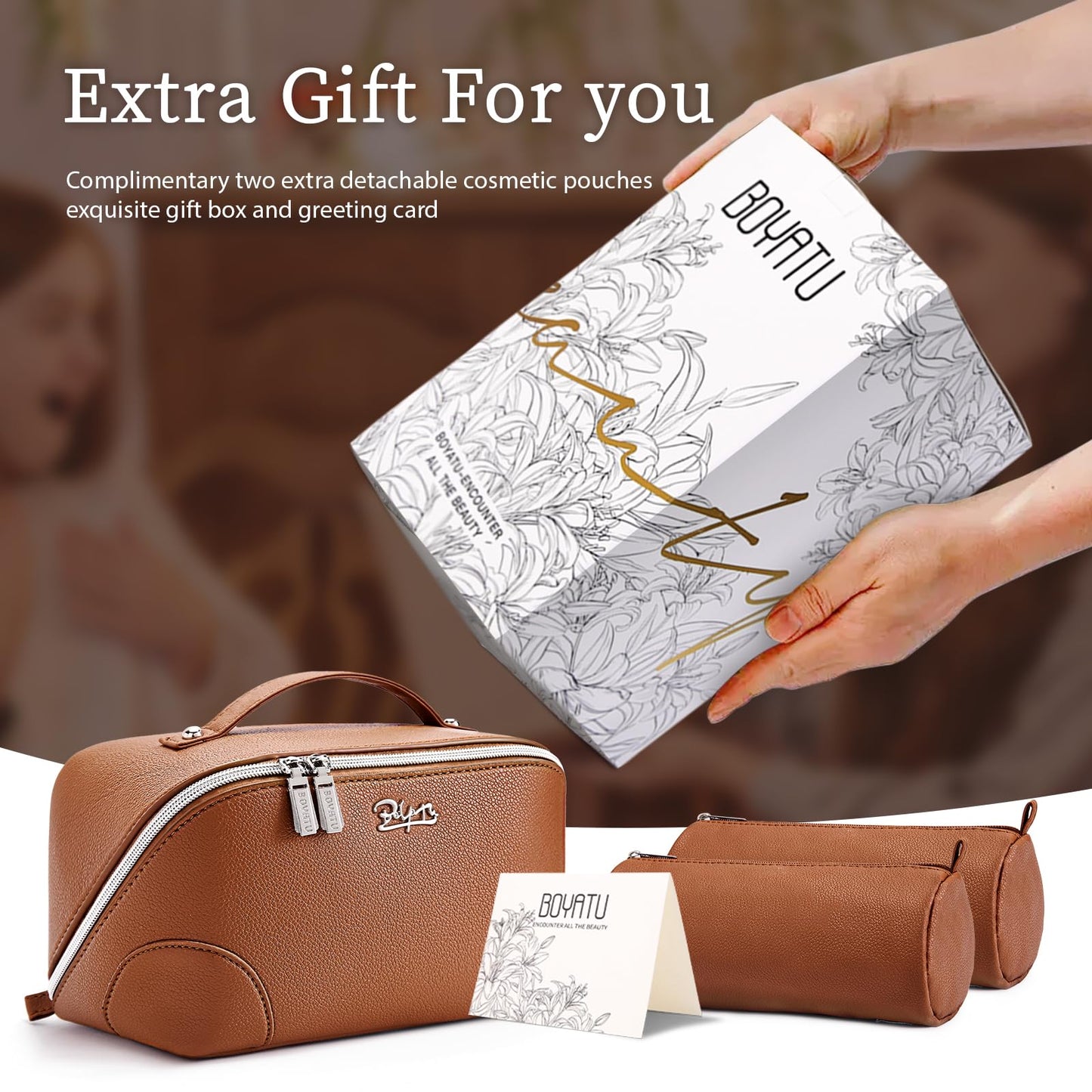 BOYATU Travel Makeup Bag Cosmetic Bags for Women: 3 Pcs Set Large Capacity Make up Bag with Handle - Waterproof Vegan Leather Toiletry Bags Travel Essentials with Compartments(C-1-Brown)
