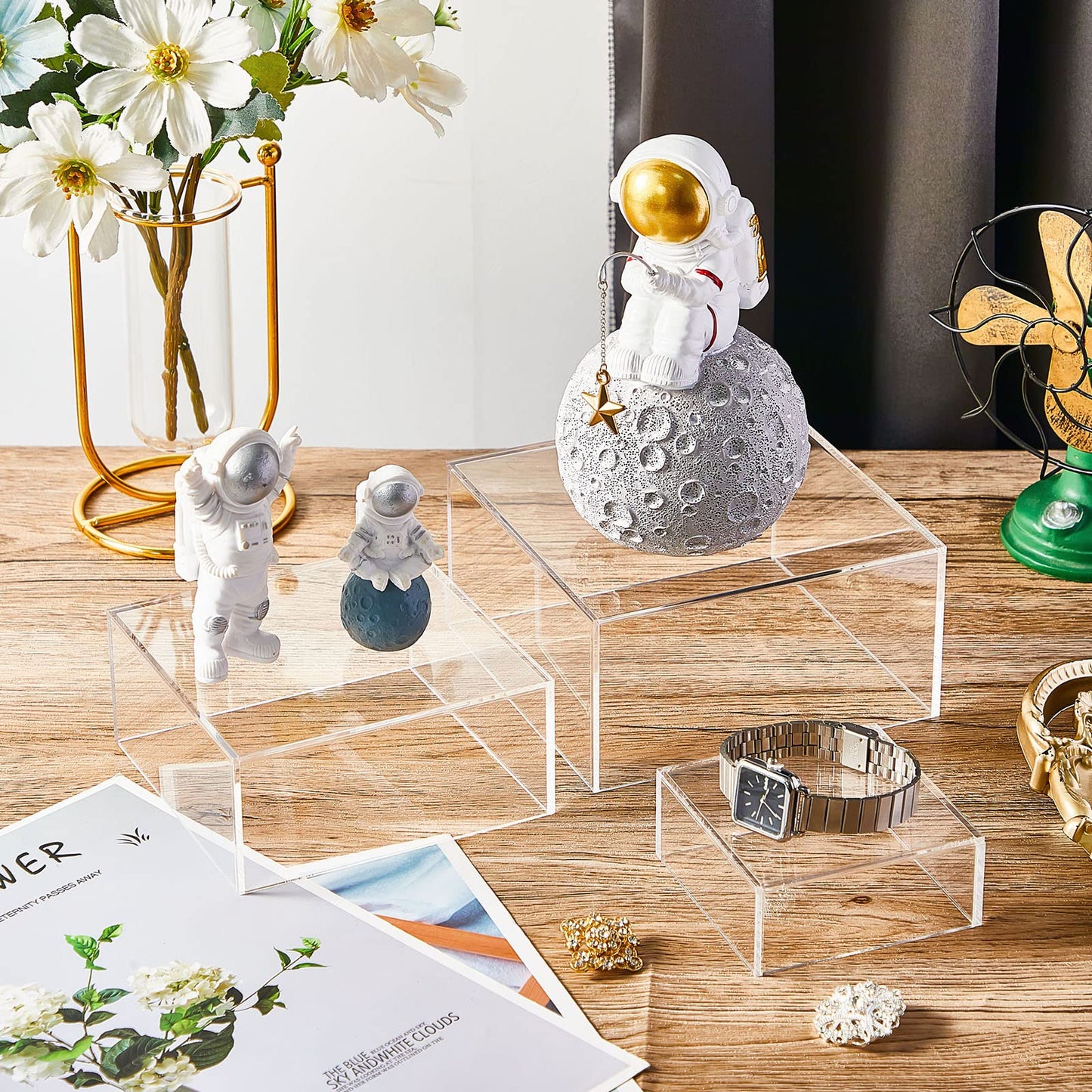 Jerify 6 Pcs Acrylic Risers Display Stands, 5.91'' 5.12'' 3.54'', Clear Square Nesting Pedestal Shelf with Hollow Bottom for Tabletop Jewelry Display, 3 Sized