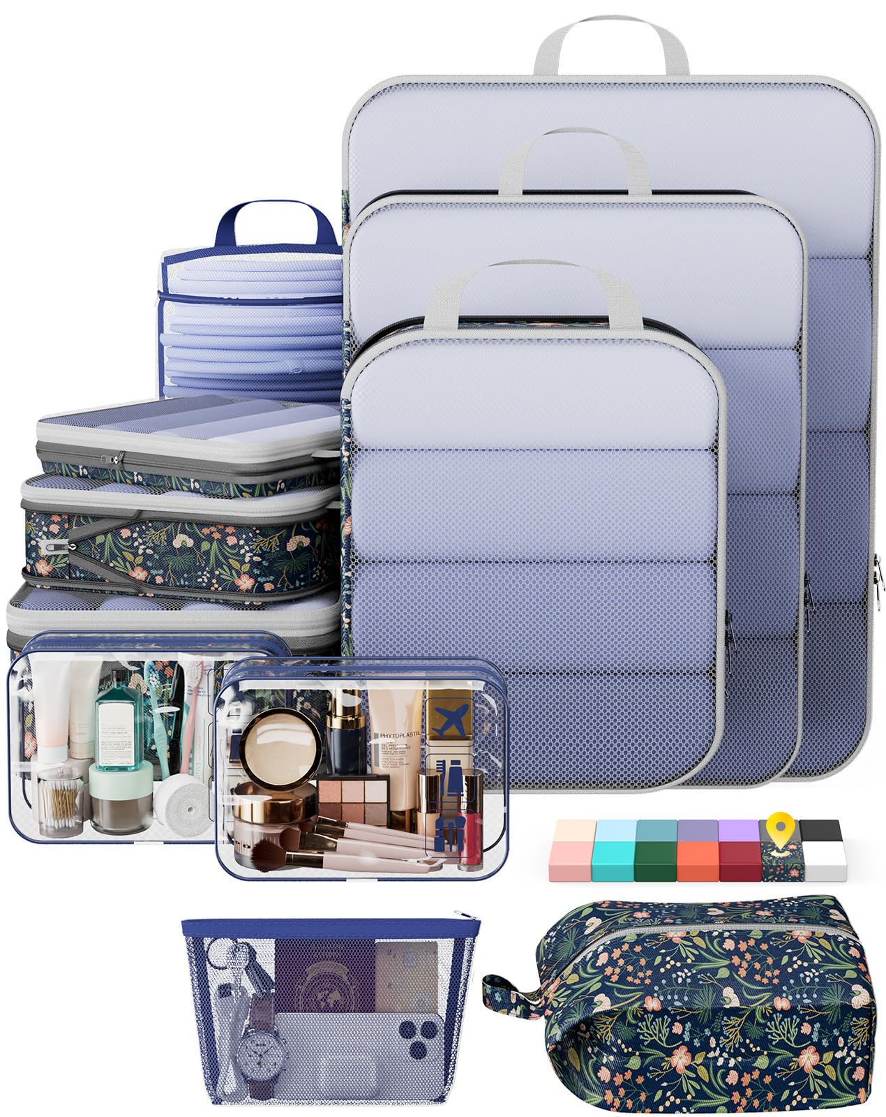 Veken 11-Pack Compression Packing Cubes for Travel Essentials,Compressible Expandable Large Luggage Suitcase Organizer Bags for Clothing,Durable Space Saver Bags with Toiletry Bags(Dark Blue Floral)