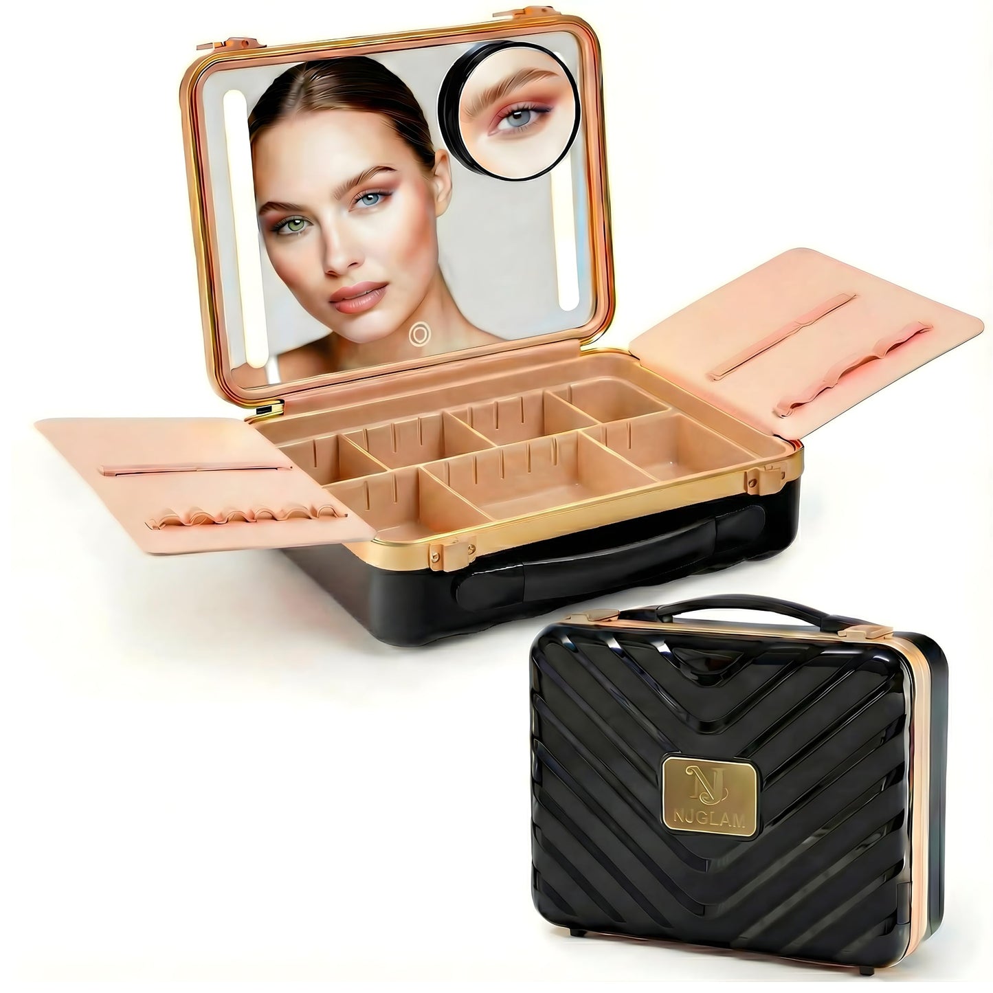 NJ GLAM Lighted Makeup Case with Mirror + 10x Mini Mirror - Portable, 3 LED Modes, Adjustable Dividers I Travel Makeup Train Case & Organizer I USB Rechargeable I (Black)