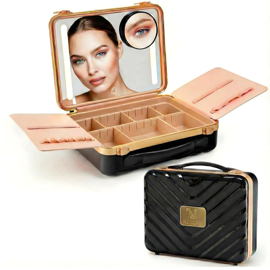 NJ GLAM Lighted Makeup Case with Mirror + 10x Mini Mirror - Portable, 3 LED Modes, Adjustable Dividers I Travel Makeup Train Case & Organizer I USB Rechargeable I (Black)