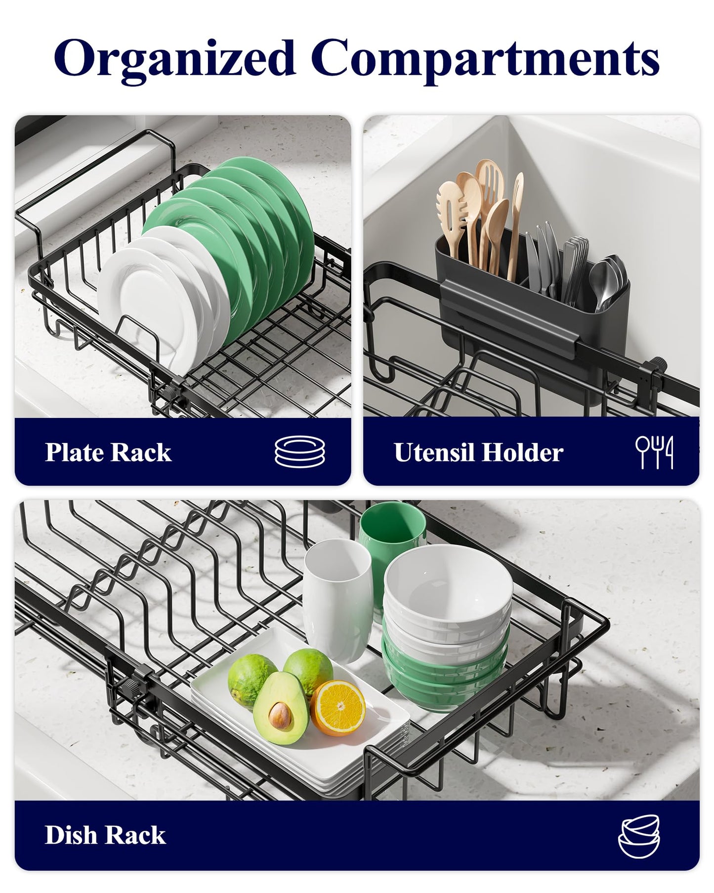 Kitsure Dish Drying Rack – Expandable in-Sink or Over-Sink Dish Rack for Kitchen Counter, Rust-Resistant Metal Dish Strainer with Cutlery Holder, 10.82"-17.12" L x 11.02" W x 3.93" H, Black