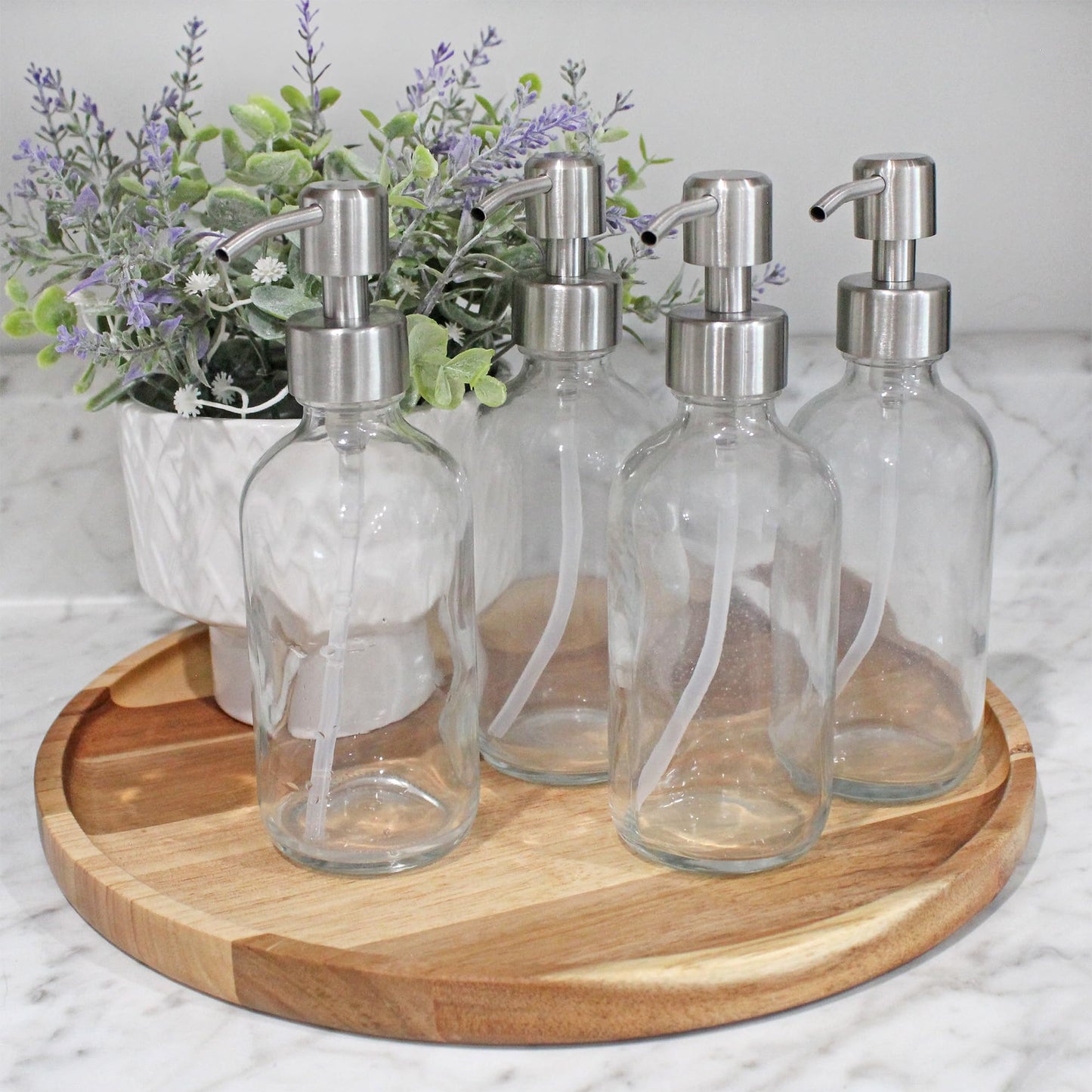 Cornucopia Brands 8oz Clear Glass Bottles w/Stainless Steel Lotion Pumps (4-Pack); Liquid Soap & Lotion Pump Dispensers