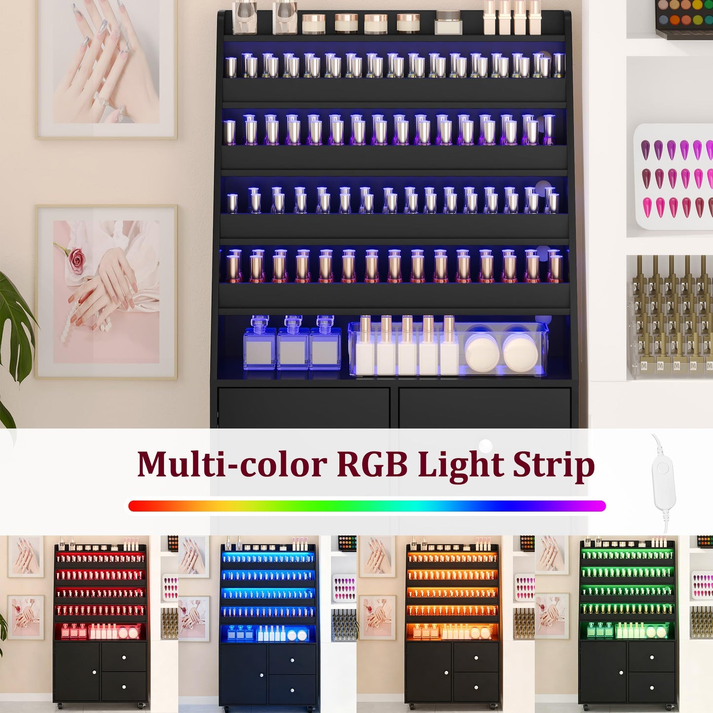 WLLPNG Nail Polish Shelves with LED Light, Rolling Nail Polish Cabinet Organizer Display Stand with Cabinet & 2 Drawers, Large Capacity Nail Storage Rack for Salon Home