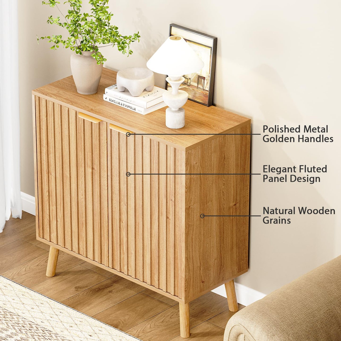 REHOOPEX Fluted Storage Cabinet, Buffet Cabinet with Storage, Wood Sideboard with Adjustable Shelf, Modern Accent Cabinet & Console Table for Entryway, Living Room, Dining Room, Natural